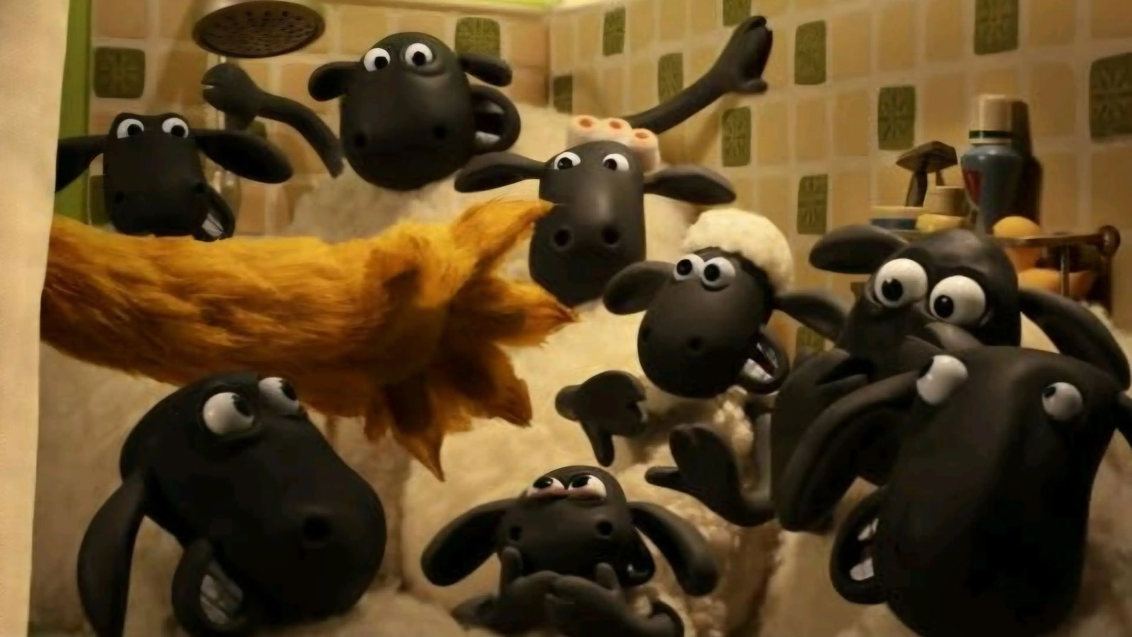 The flock recoils from a large furry hand beside a shower.