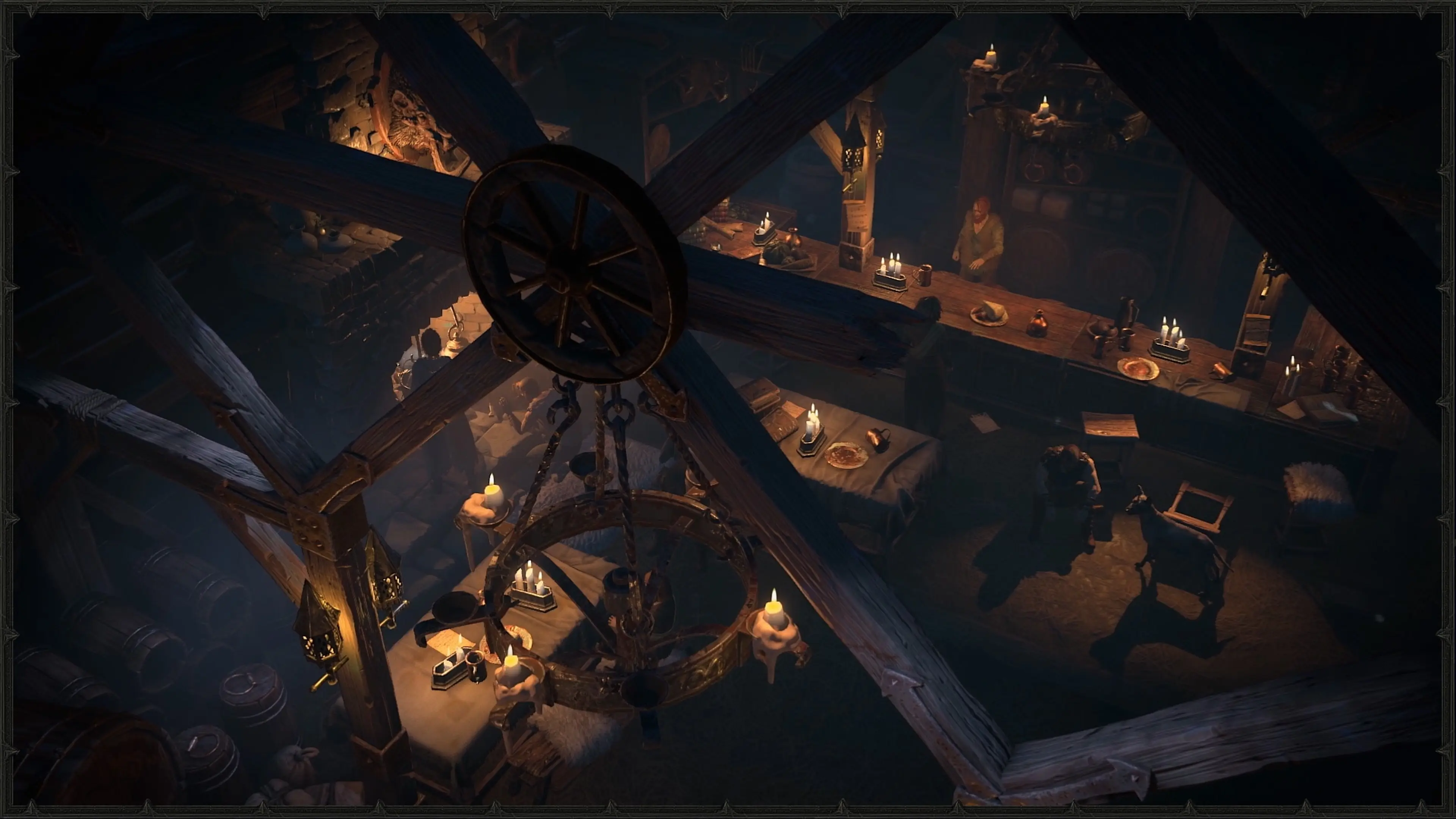 A candlelit Diablo IV tavern interior viewed from above, with people gathered around wooden tables.