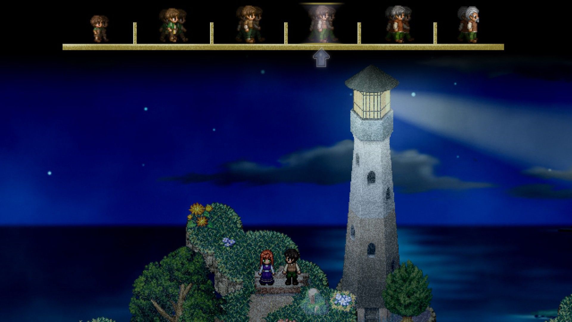 Two characters stand beside a lighthouse at night below a row of memory portraits.