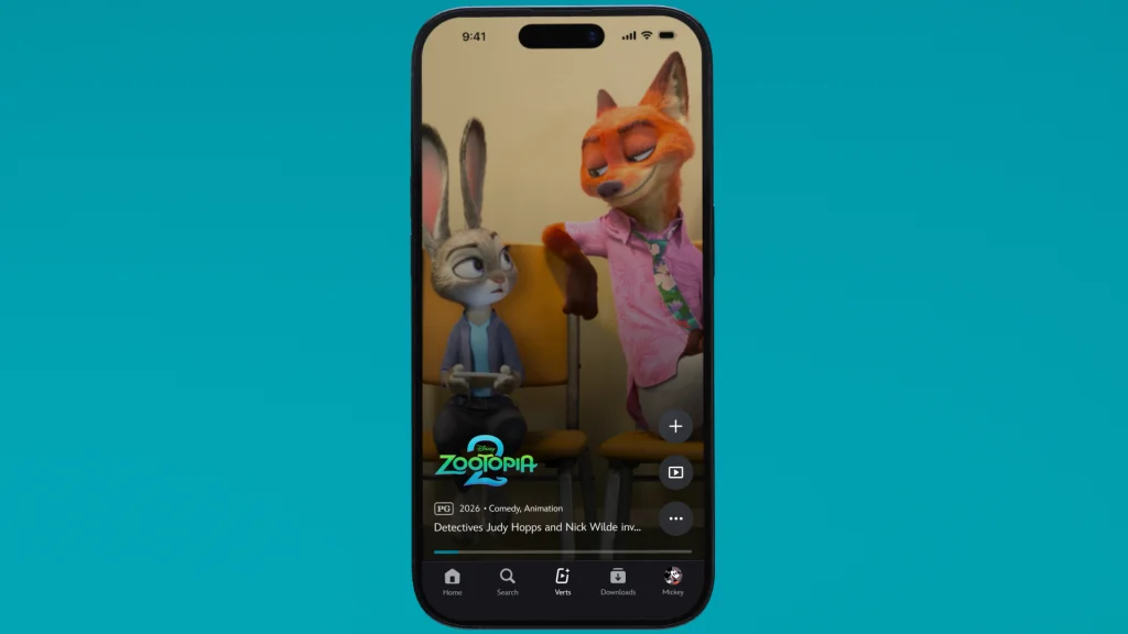 A phone displaying short videos in the Disney Plus Verts feed
