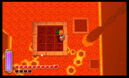 Link stands on a small stone platform surrounded by lava in a Zelda dungeon.
