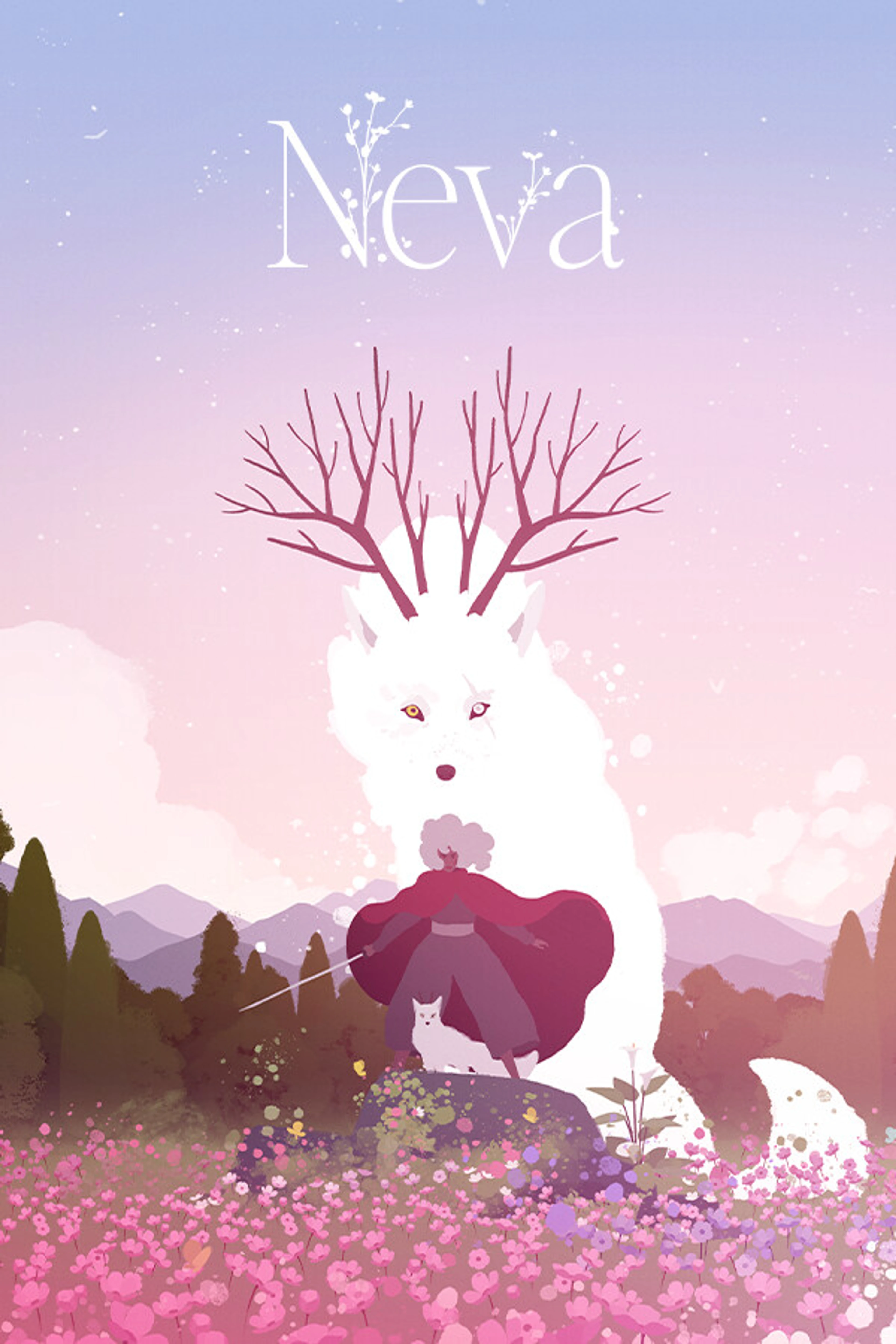 Official Neva cover showing Alba and a white wolf among pink flowers beneath the game title.