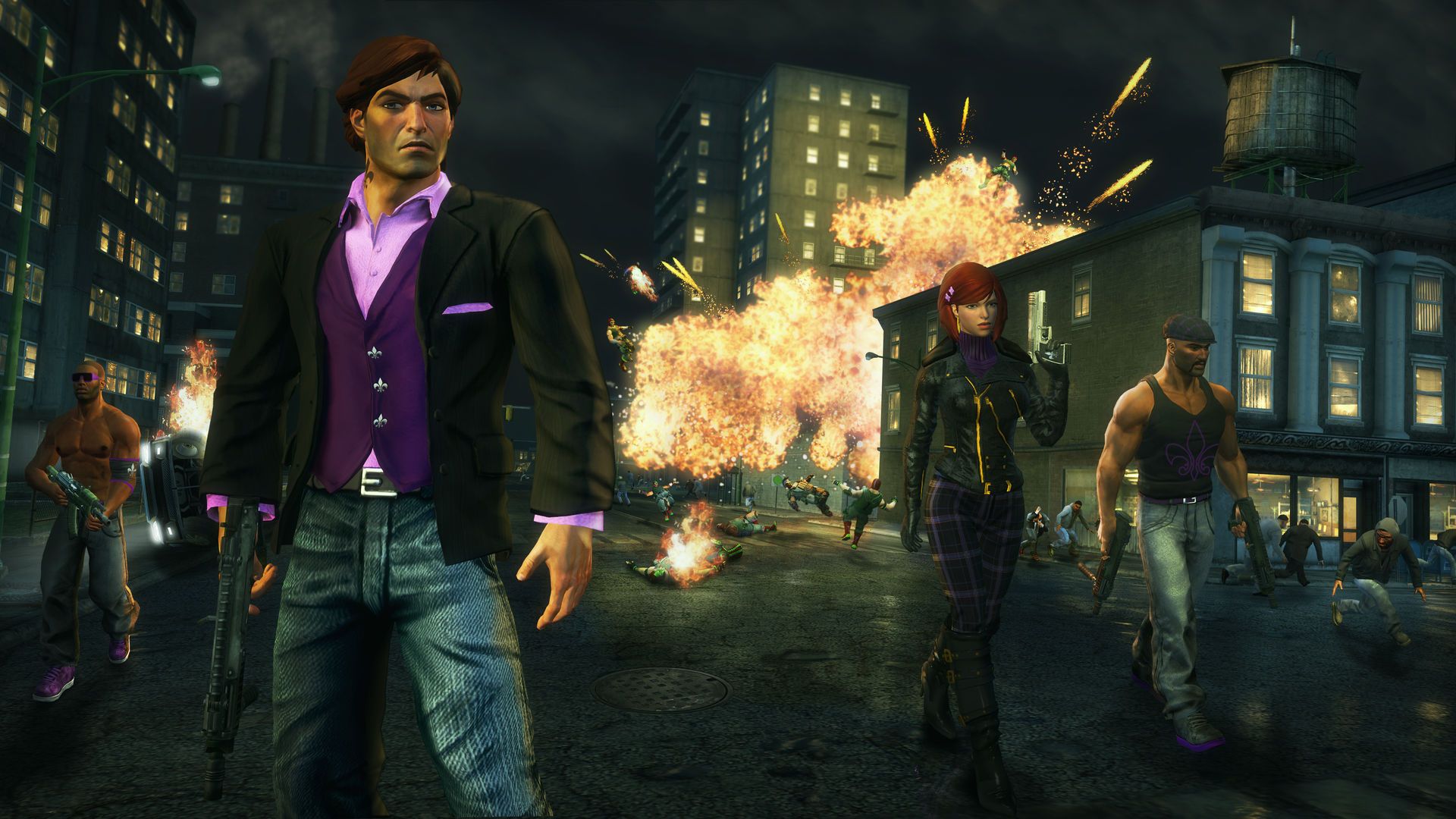 Saints characters in purple clothing stand on a city street with an explosion behind them.