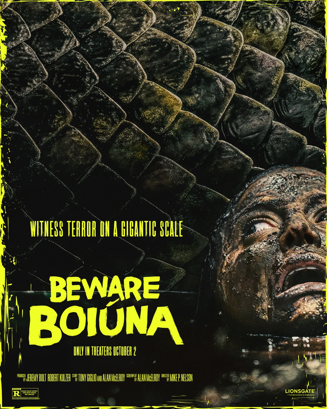 Official English-language Beware Boiúna theatrical poster with a giant snake and the October 2 date.