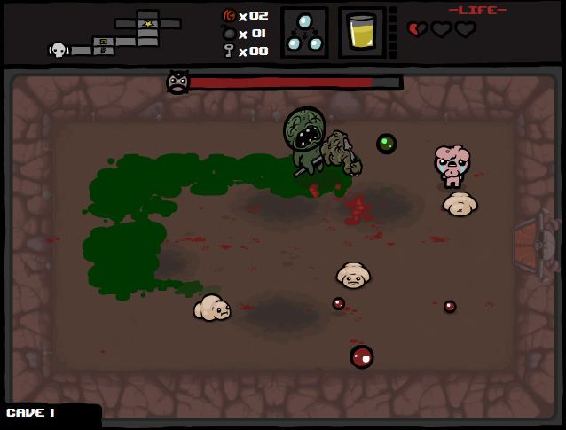 A large green enemy and green pools in a Cave 1 room of the original Isaac game.