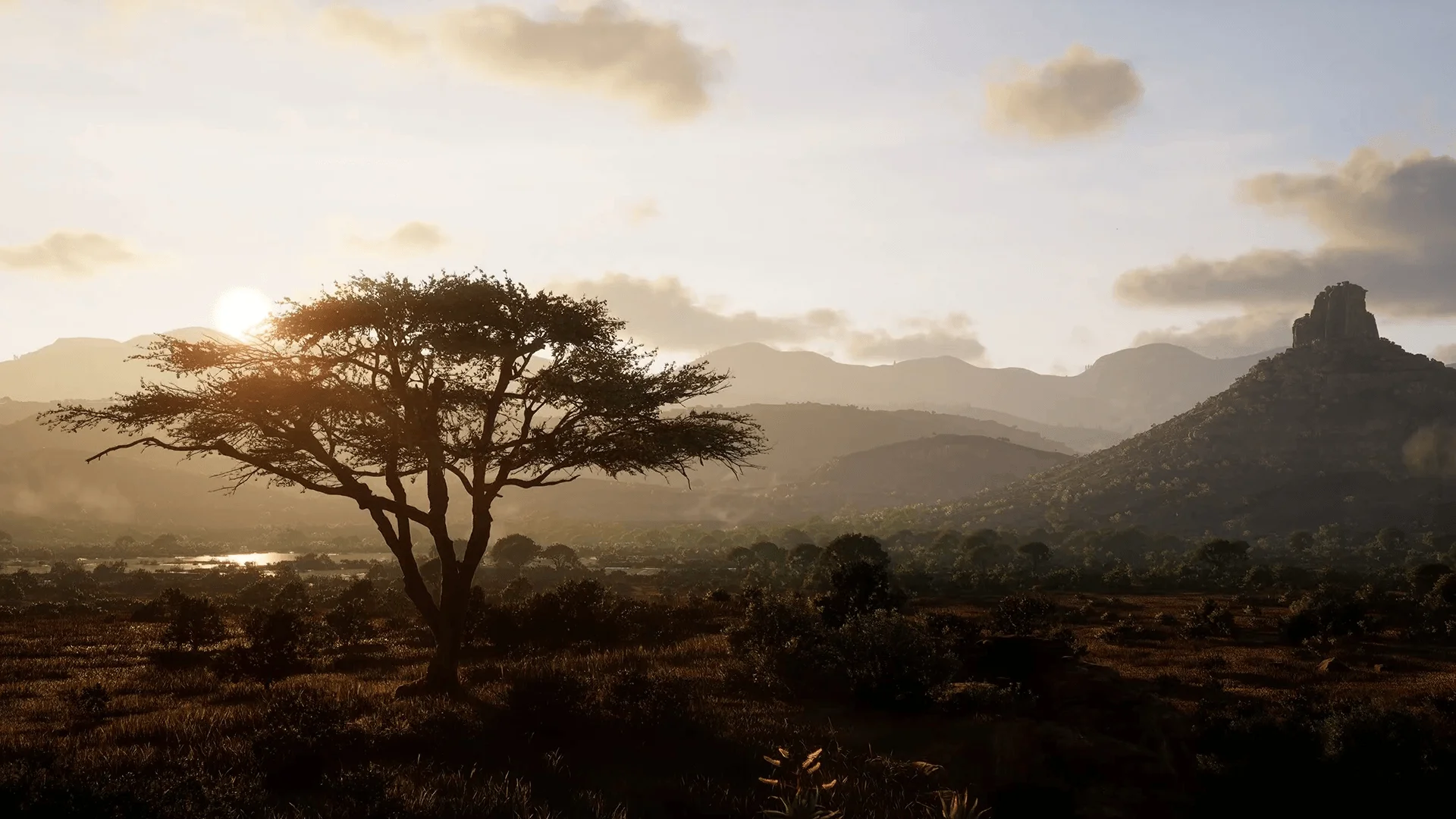 The sun rises over the African Kilimaya Reserve in Way of the Hunter 2.