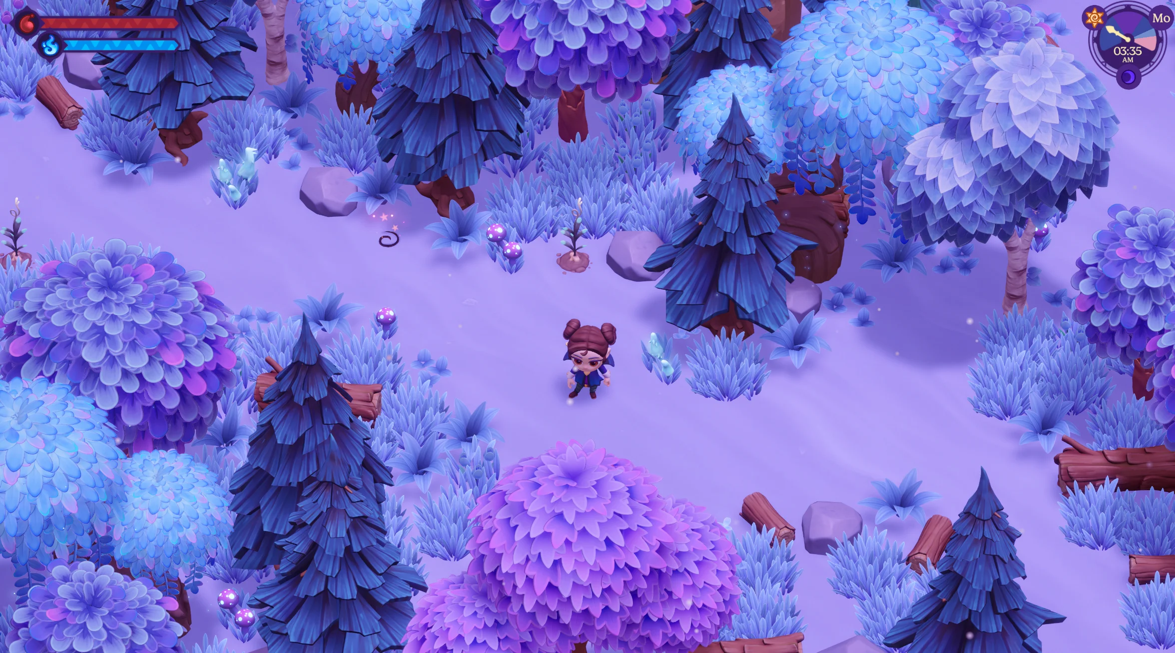 A player explores a snowy forest in Moonlight Peaks during Winter.