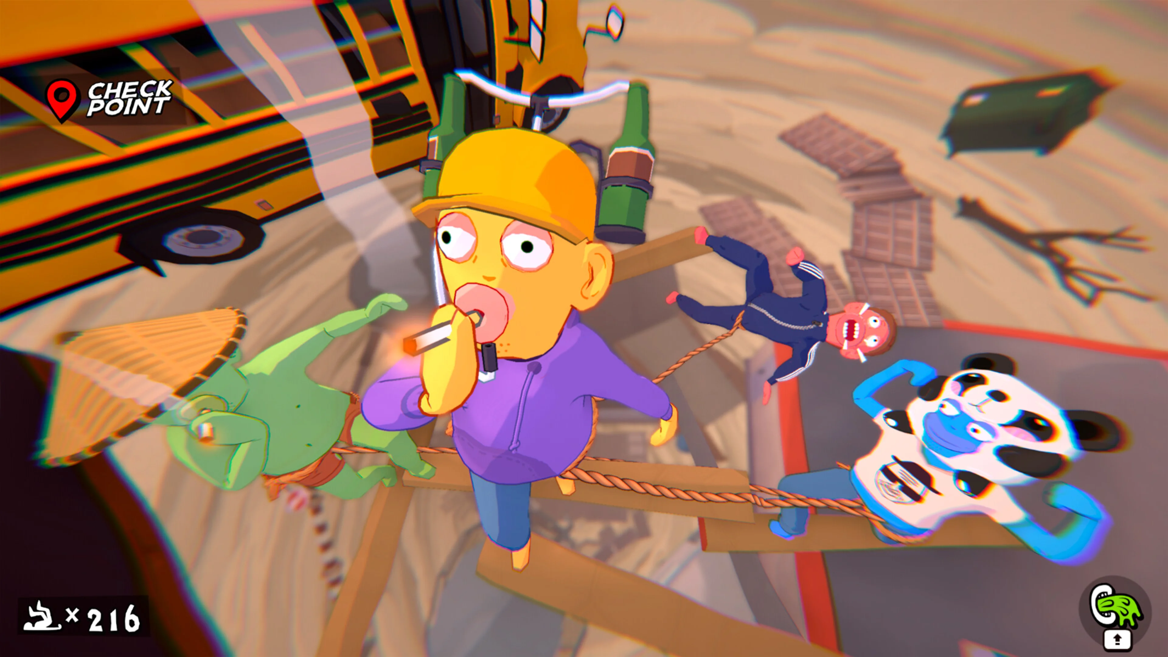 A Friendly Steps rope team loses balance while crossing a high construction obstacle.