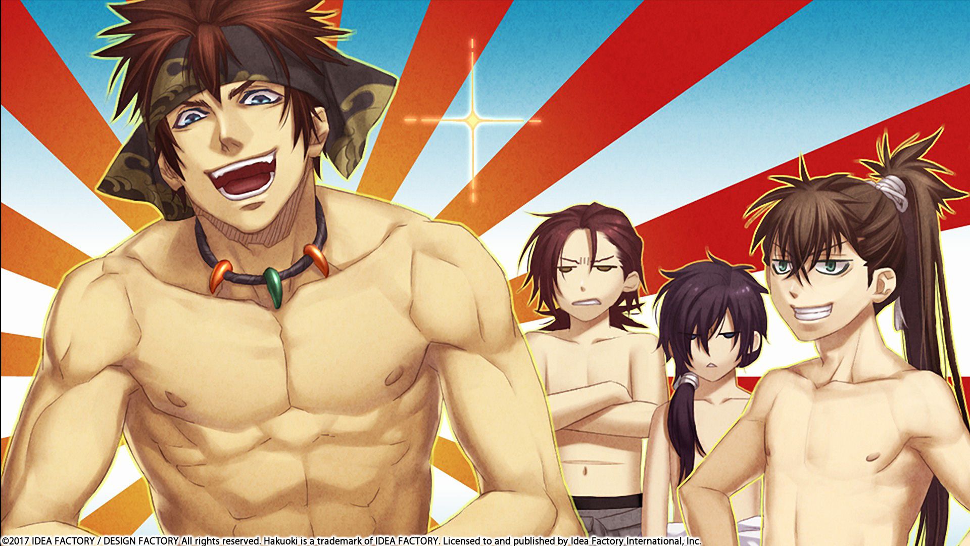 Two shirtless adult characters share a cheerful moment in Hakuoki: Kyoto Winds.