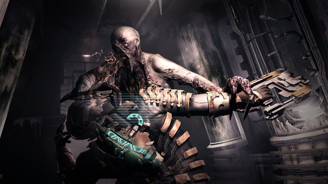 A Necromorph holds Isaac around his helmet during a close-range struggle.