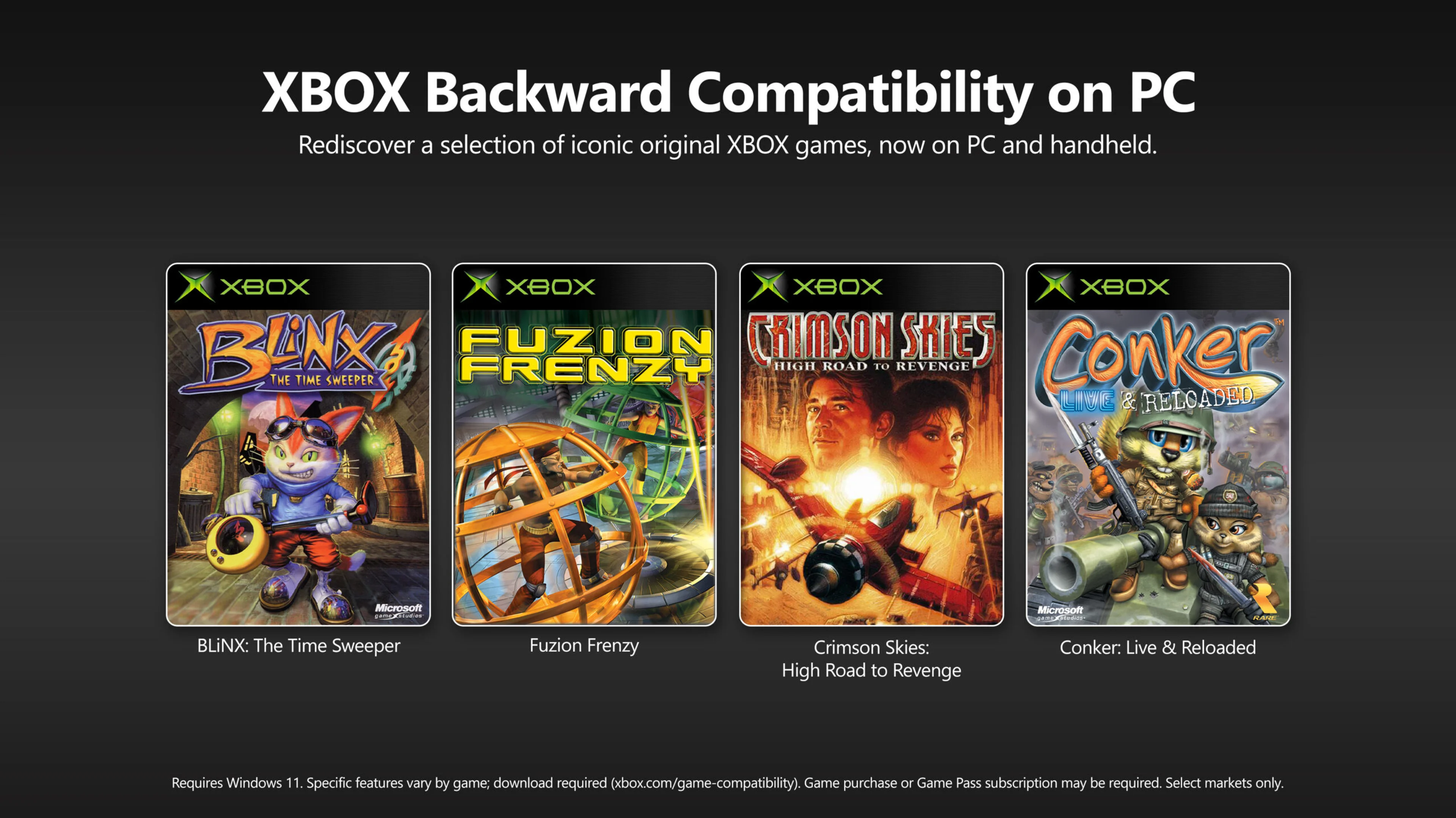 The covers of BLiNX, Fuzion Frenzy, Crimson Skies, and Conker appear under an Xbox Backward Compatibility on PC heading.