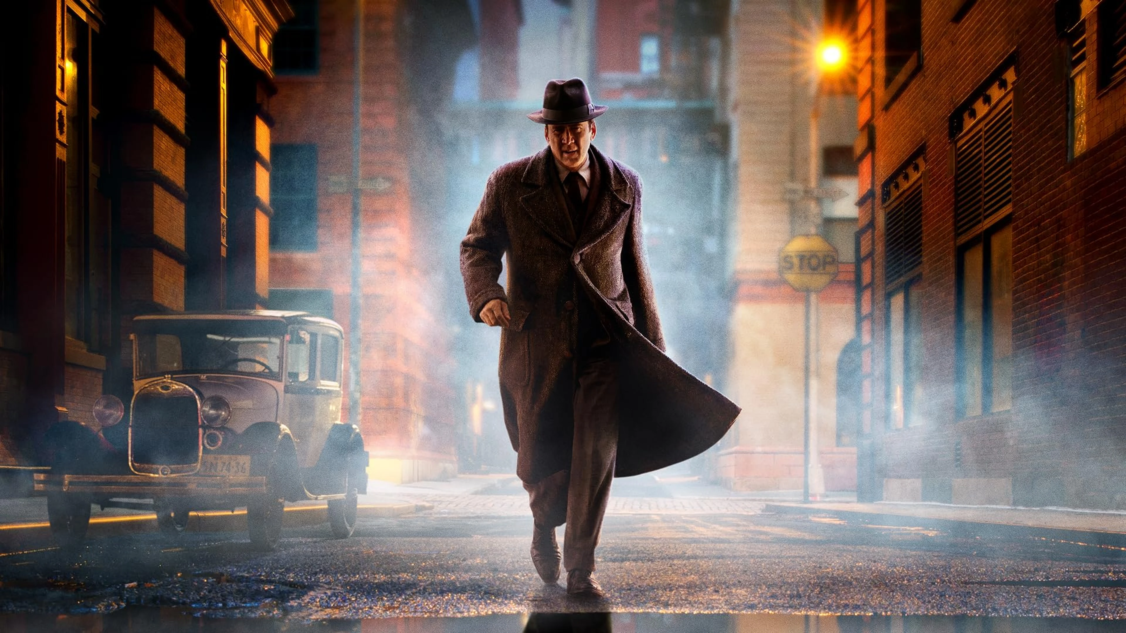Nicolas Cage as Ben Reilly walks through a 1930s New York street in Spider-Noir.