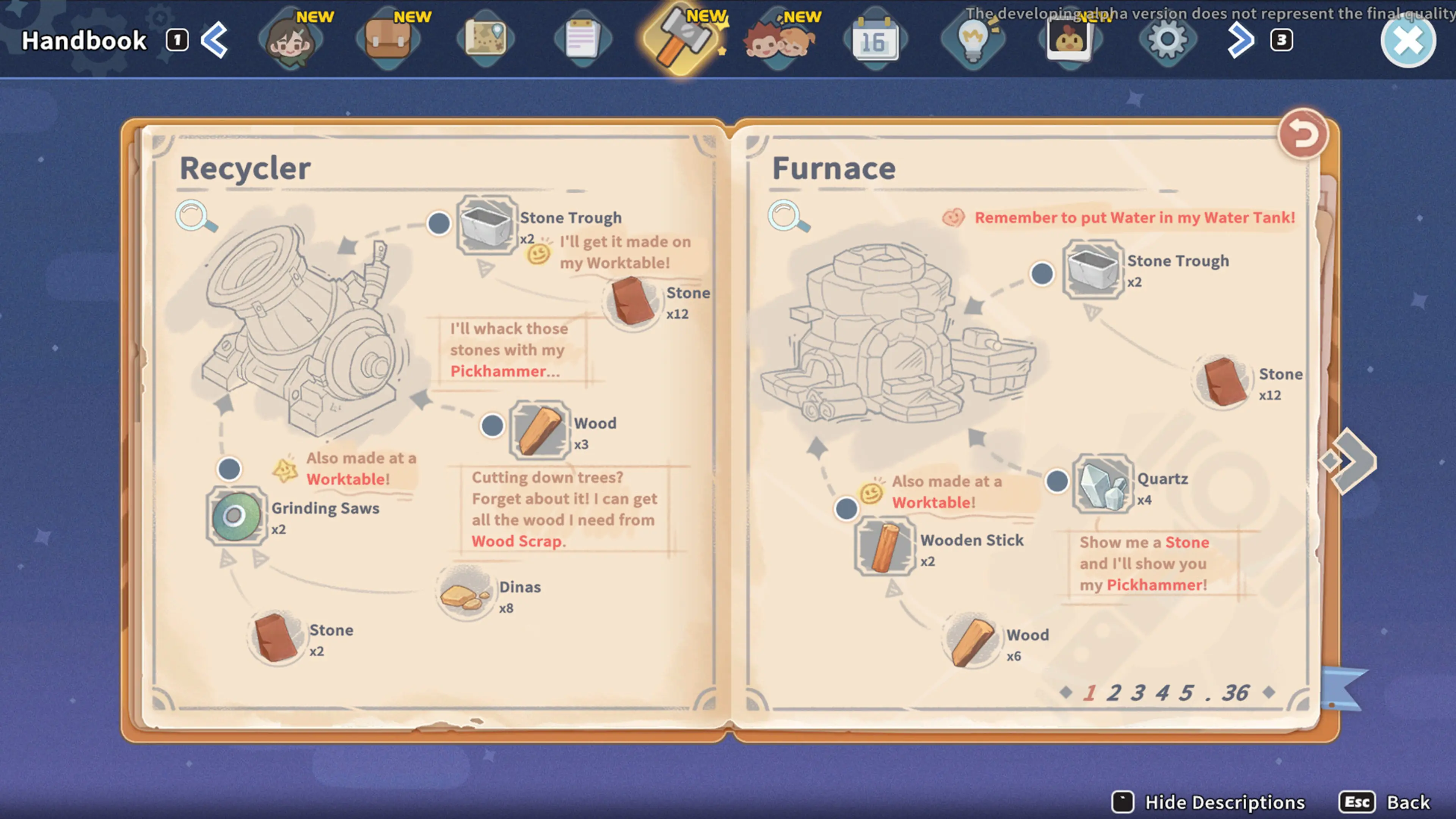 The handbook showing recycler and furnace assembly recipes in My Time at Sandrock.