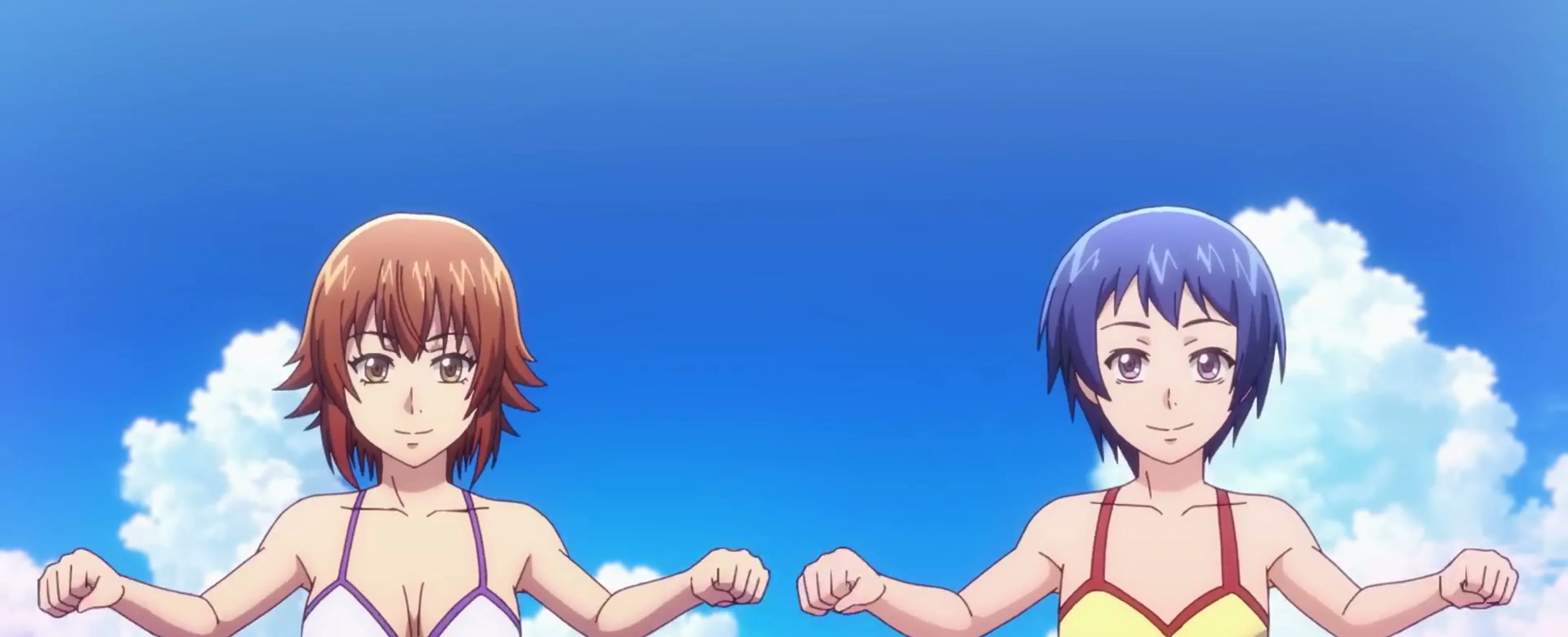 Chisa and Nanaka stand beneath a clear blue sky in Grand Blue Dreaming.
