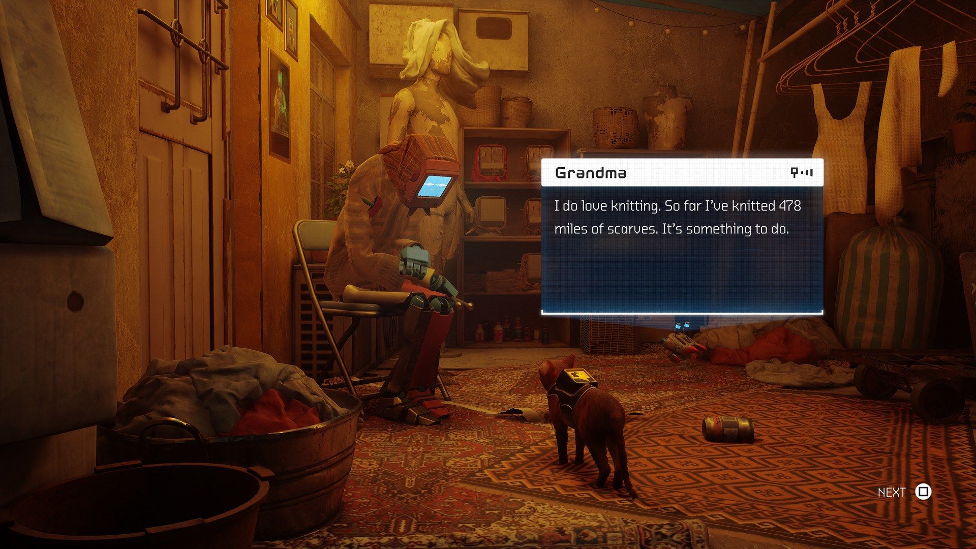 The cat speaks to a robot with help from B-12.