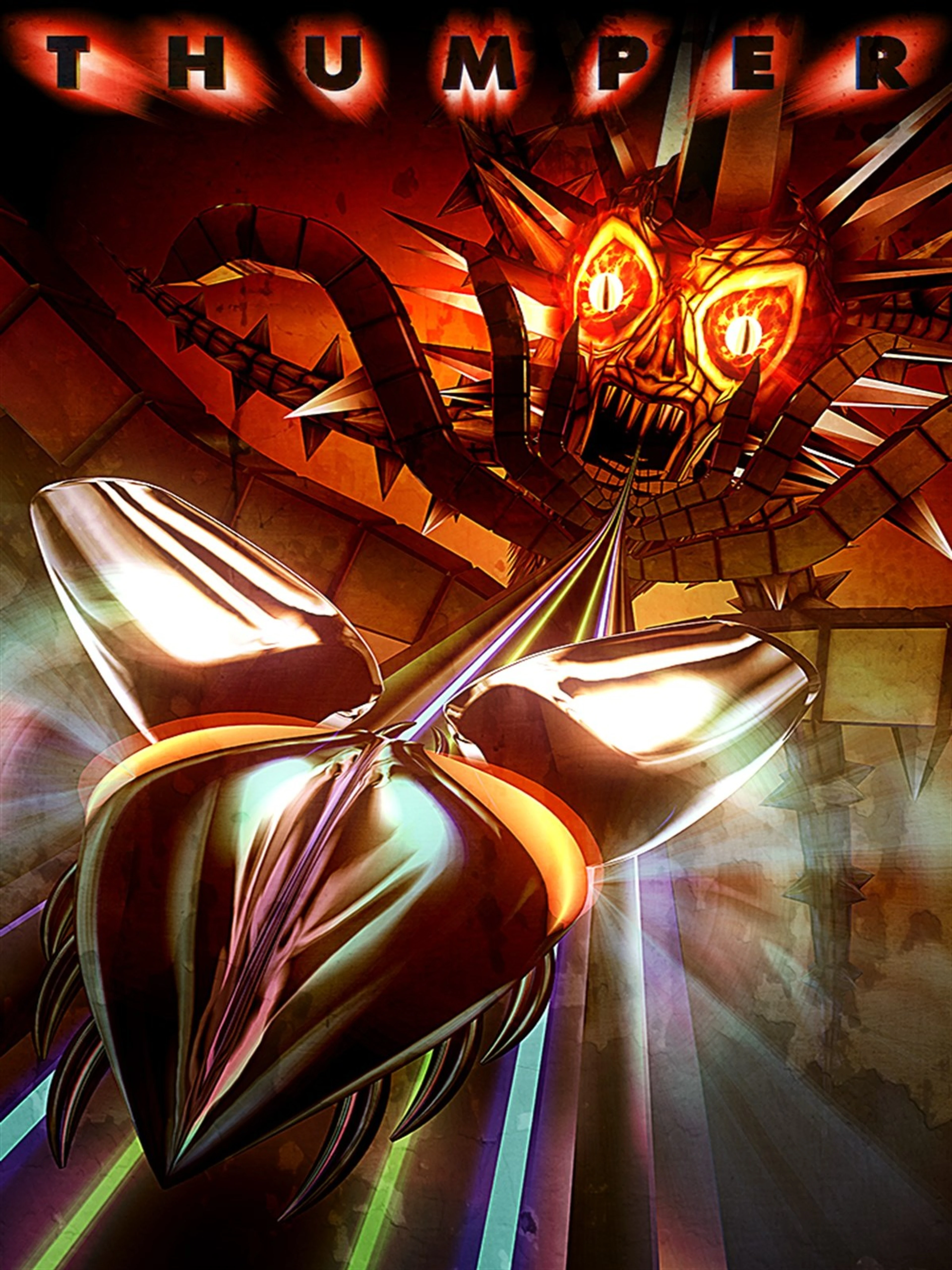 Official Thumper cover with the metal beetle, a fiery face and the native THUMPER title.