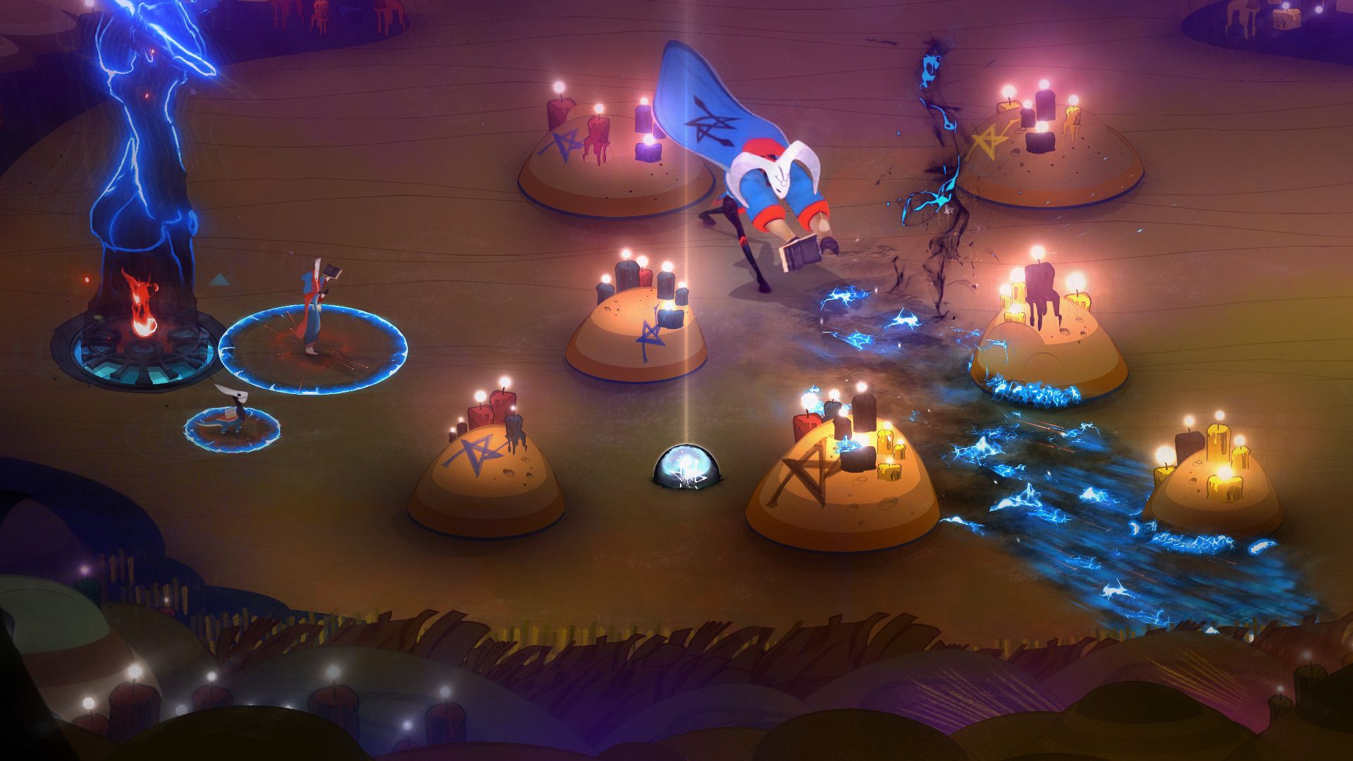 Masked exiles stand in a Rite arena with a tall blue flame, candles and glowing circles.