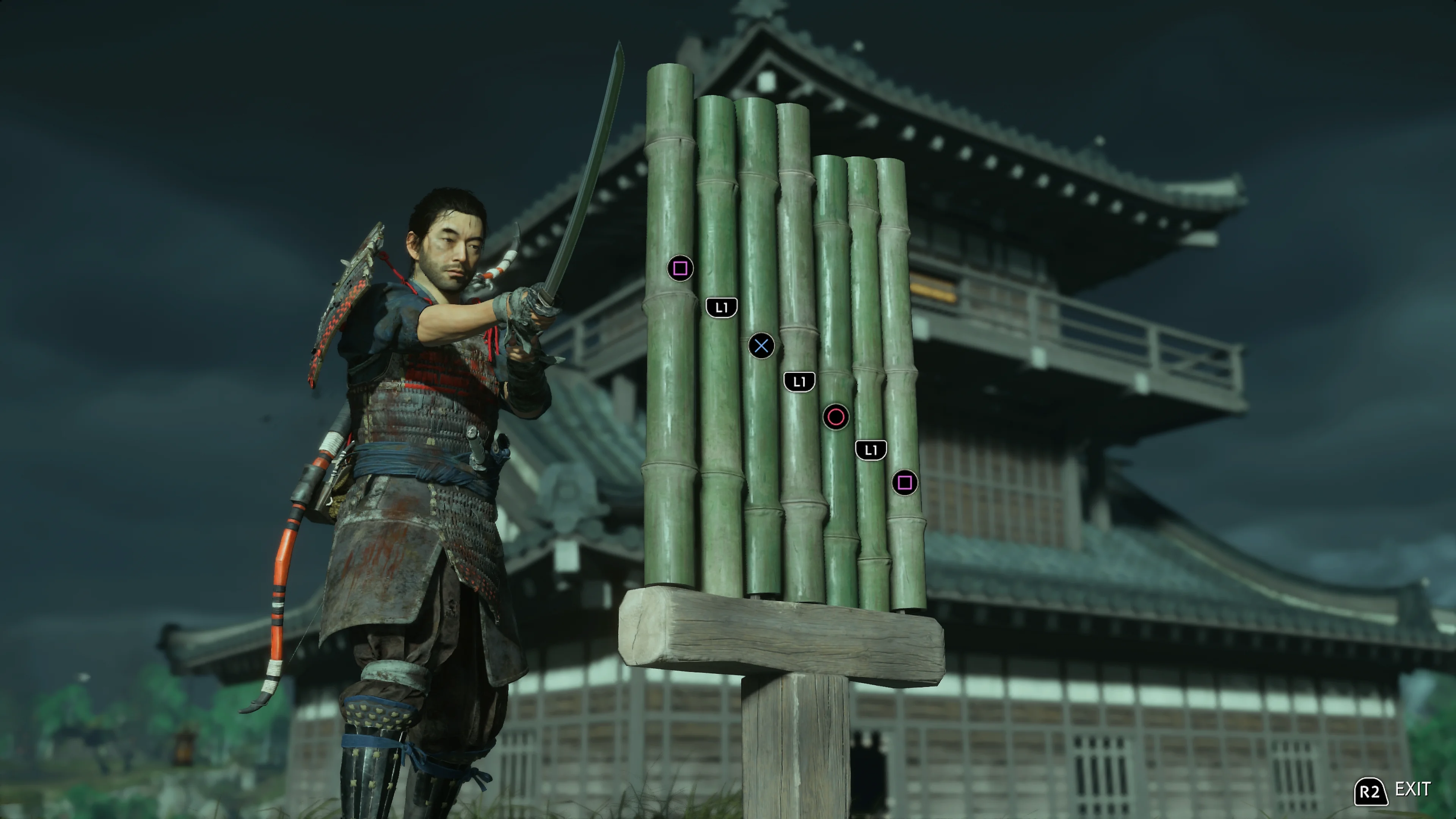Jin stands by a bundle of vertical green bamboo poles while a sequence of PlayStation button prompts appears on the stalks.