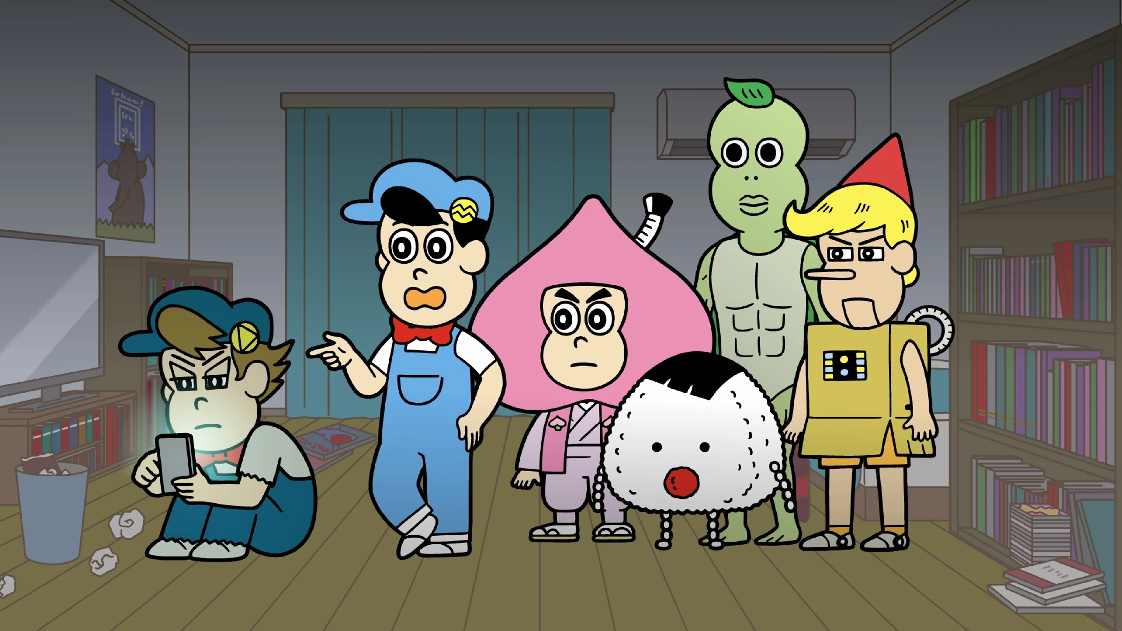 The main group gathers in a classroom in Ahare! Meisaku-kun.