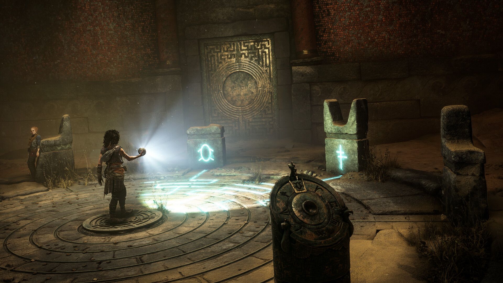 A character aims a glowing orb at rune-marked stones in a torch-lit chamber in Resonance: A Plague Tale Legacy.