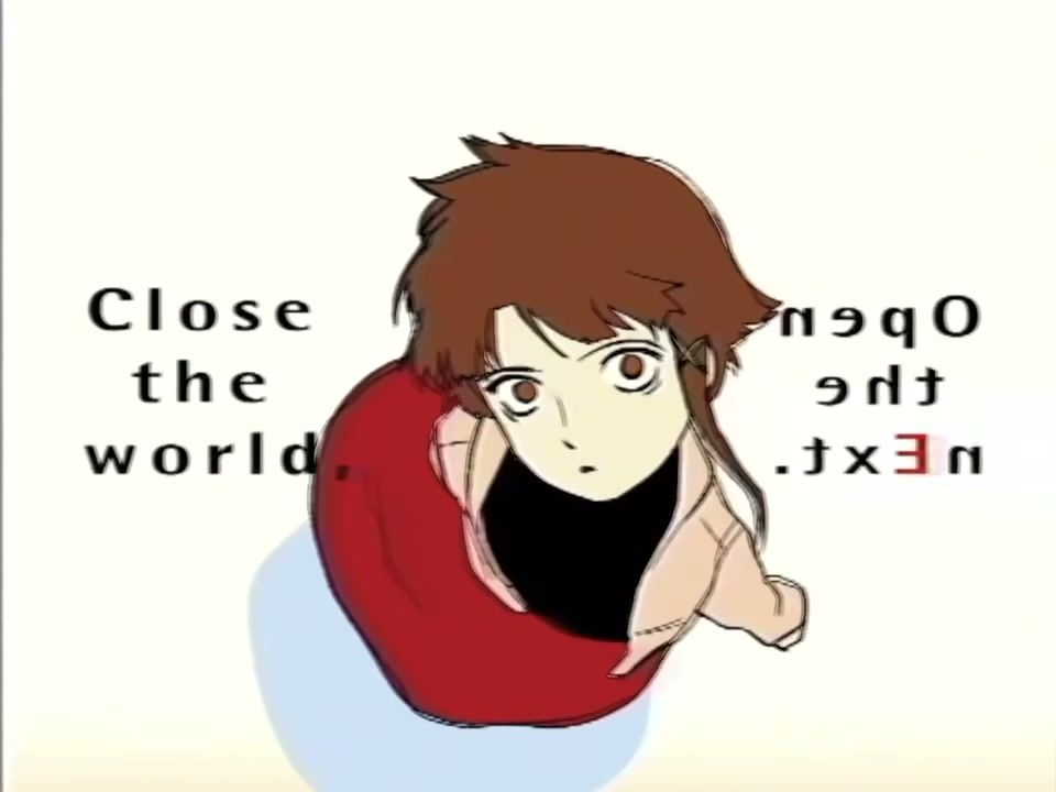 An illustrated Lain character appears against the trailer’s “Close the world, open the next” graphic.