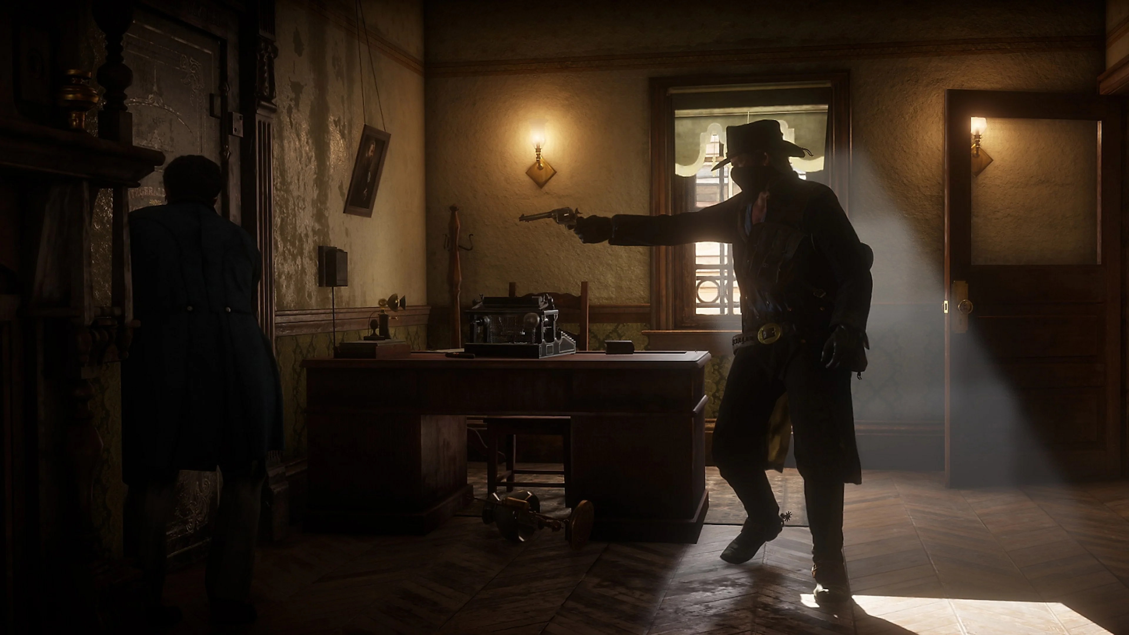 An outlaw holding a shopkeeper at gunpoint inside a store.