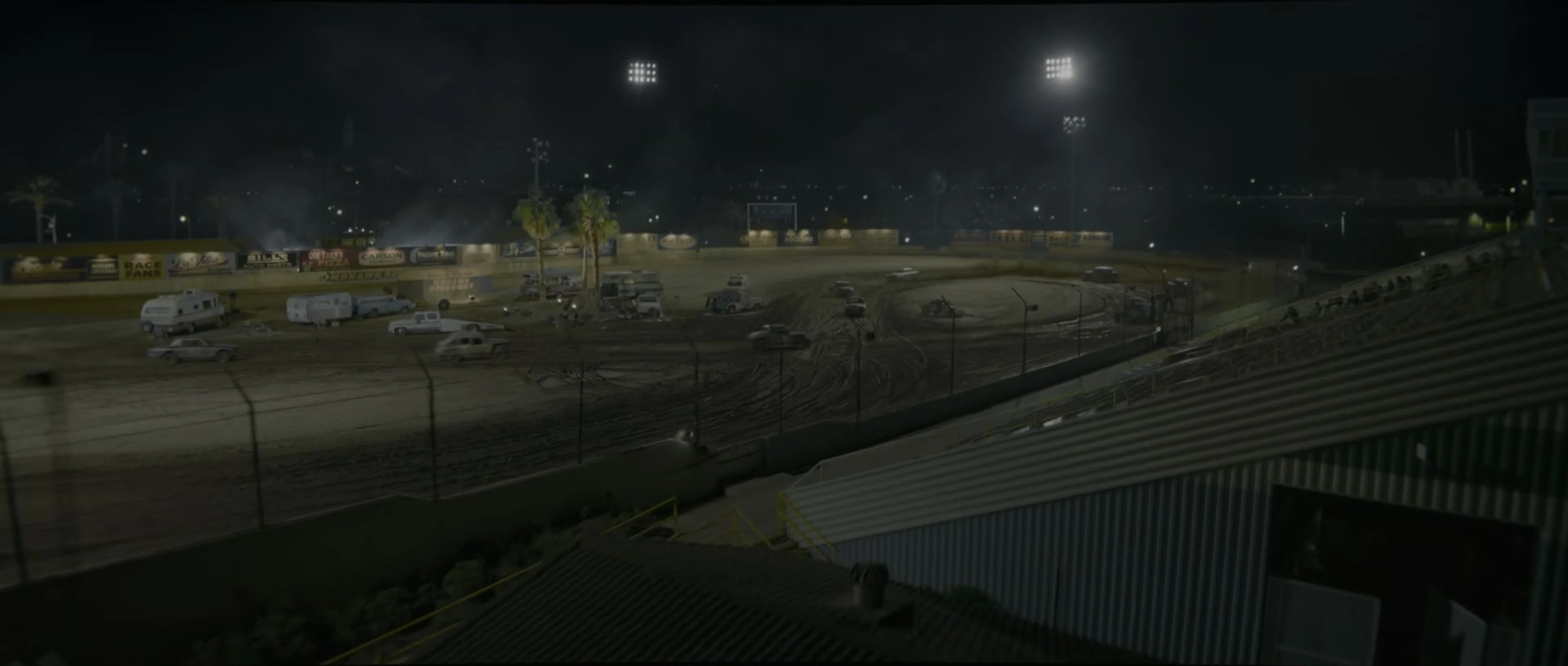 A nighttime racetrack appears in the Cliff Booth trailer.