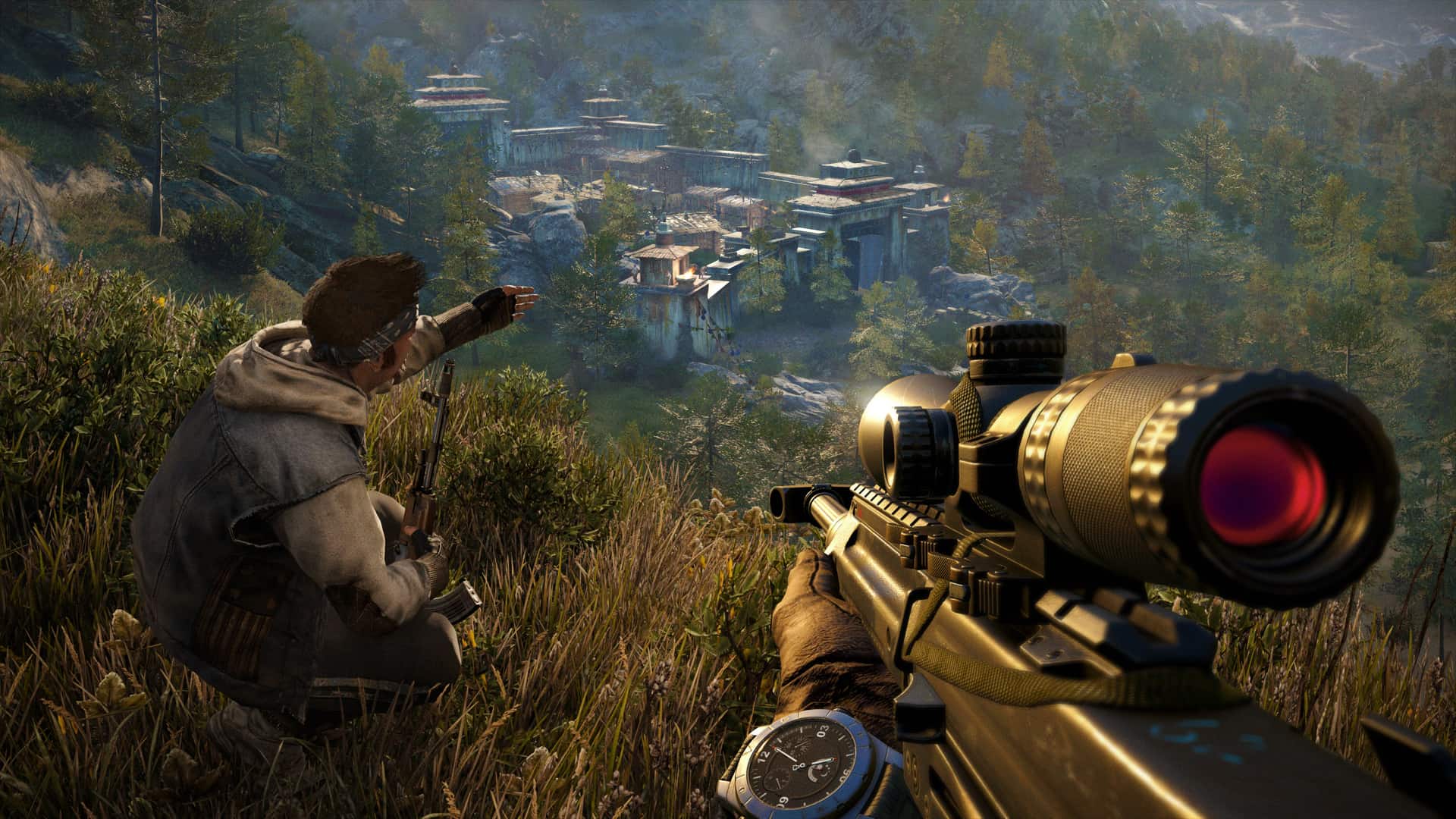A scoped rifle points toward a distant village in forested mountains.