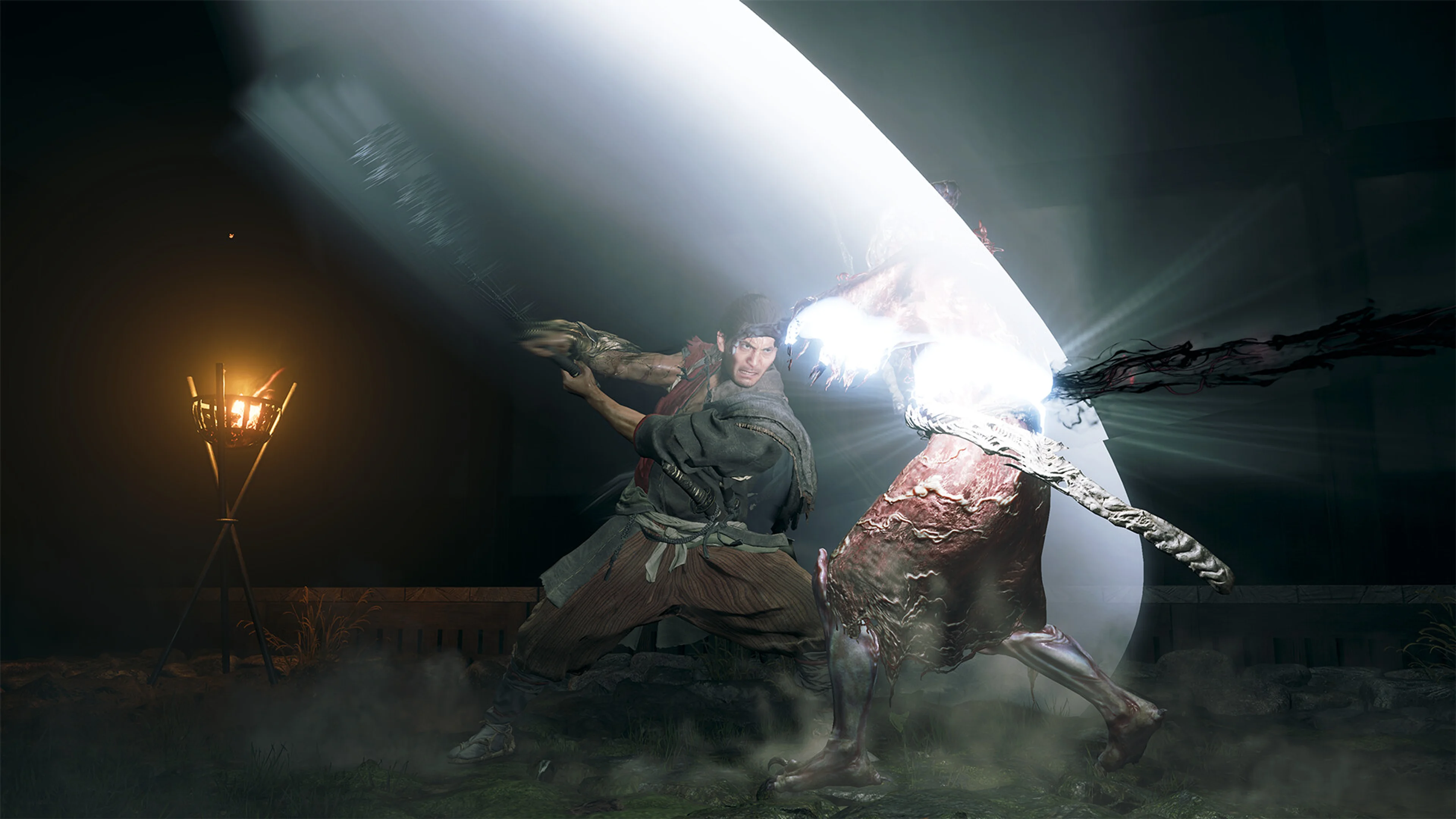 Miyamoto Musashi blocks a Genma sword strike as sparks fly in Onimusha: Way of the Sword.