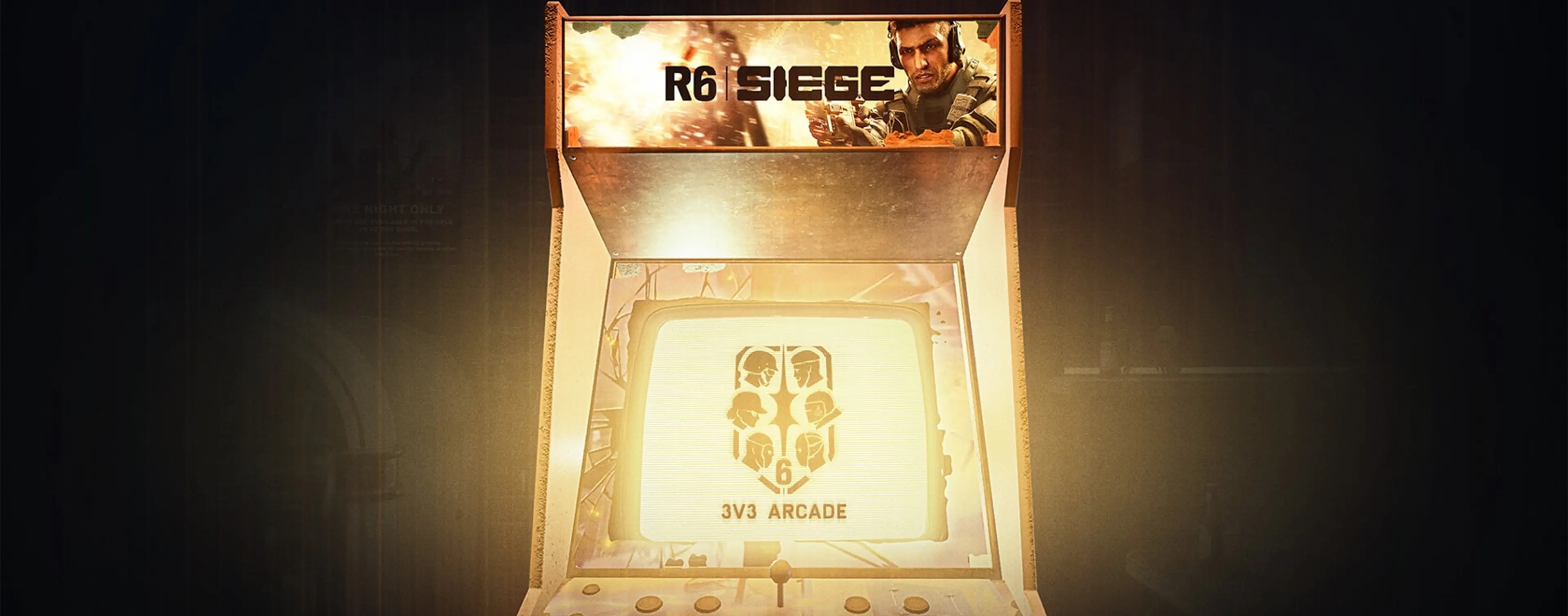 A glowing arcade cabinet displays the Rainbow Six Siege 3v3 Arcade emblem.