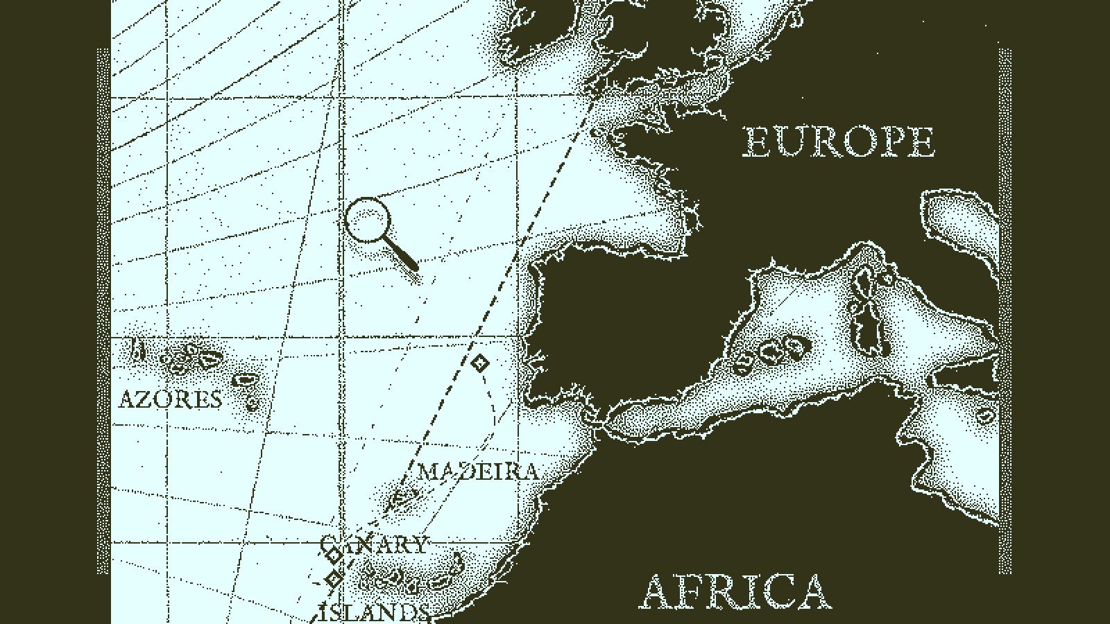 The investigator book shows a route map across the Atlantic near Europe and Africa.