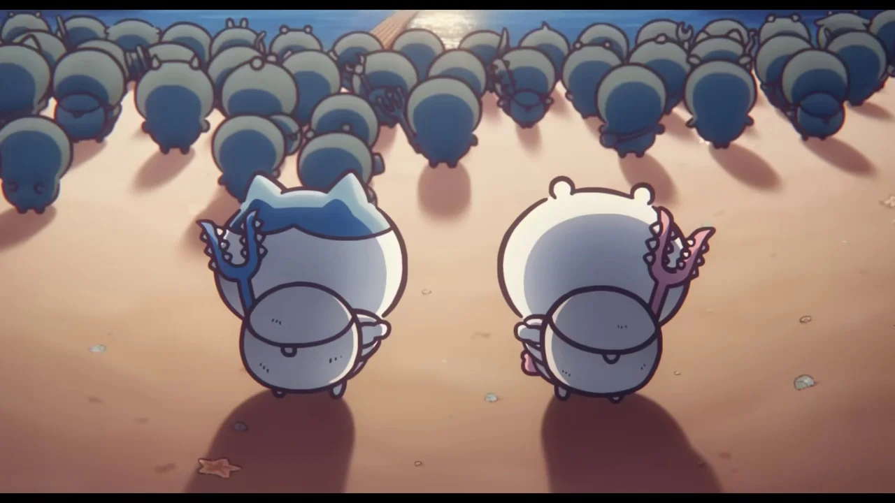 Chiikawa and Hachiware explore an island in a clean frame from The Secret of Mermaid Island trailer.