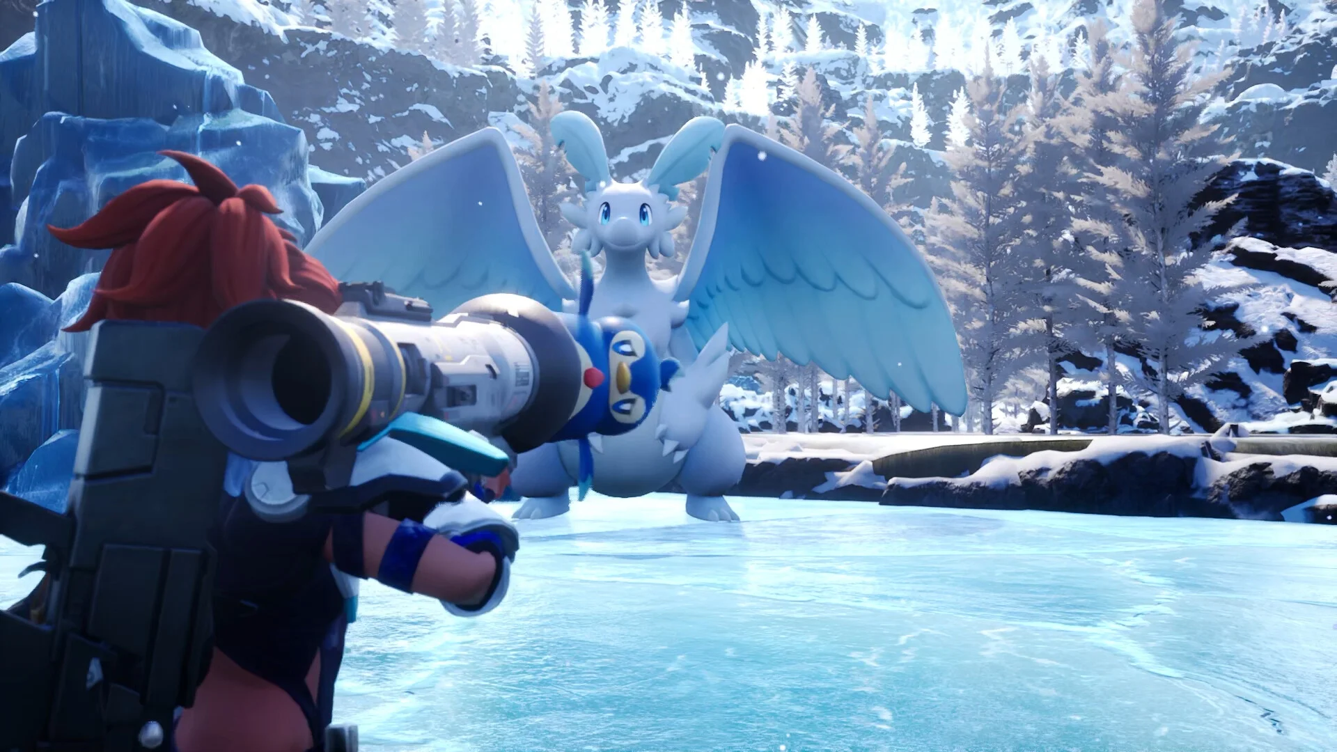A Palworld player aims a heavy weapon while an Ice Pal fights on a frozen lake