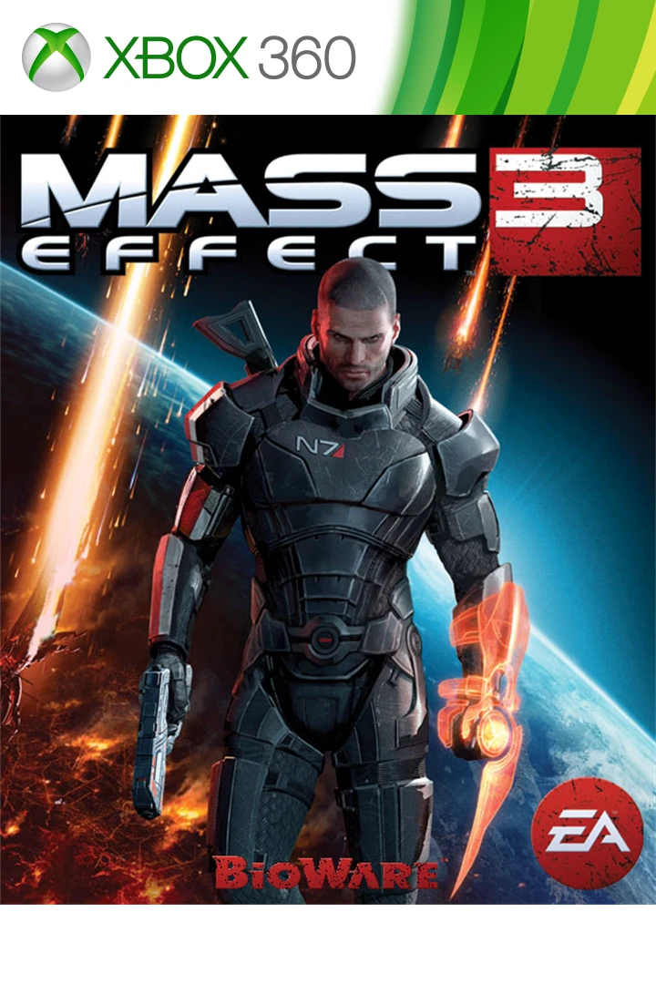 Official Xbox 360 Mass Effect 3 package art with Commander Shepard and the native game logo.