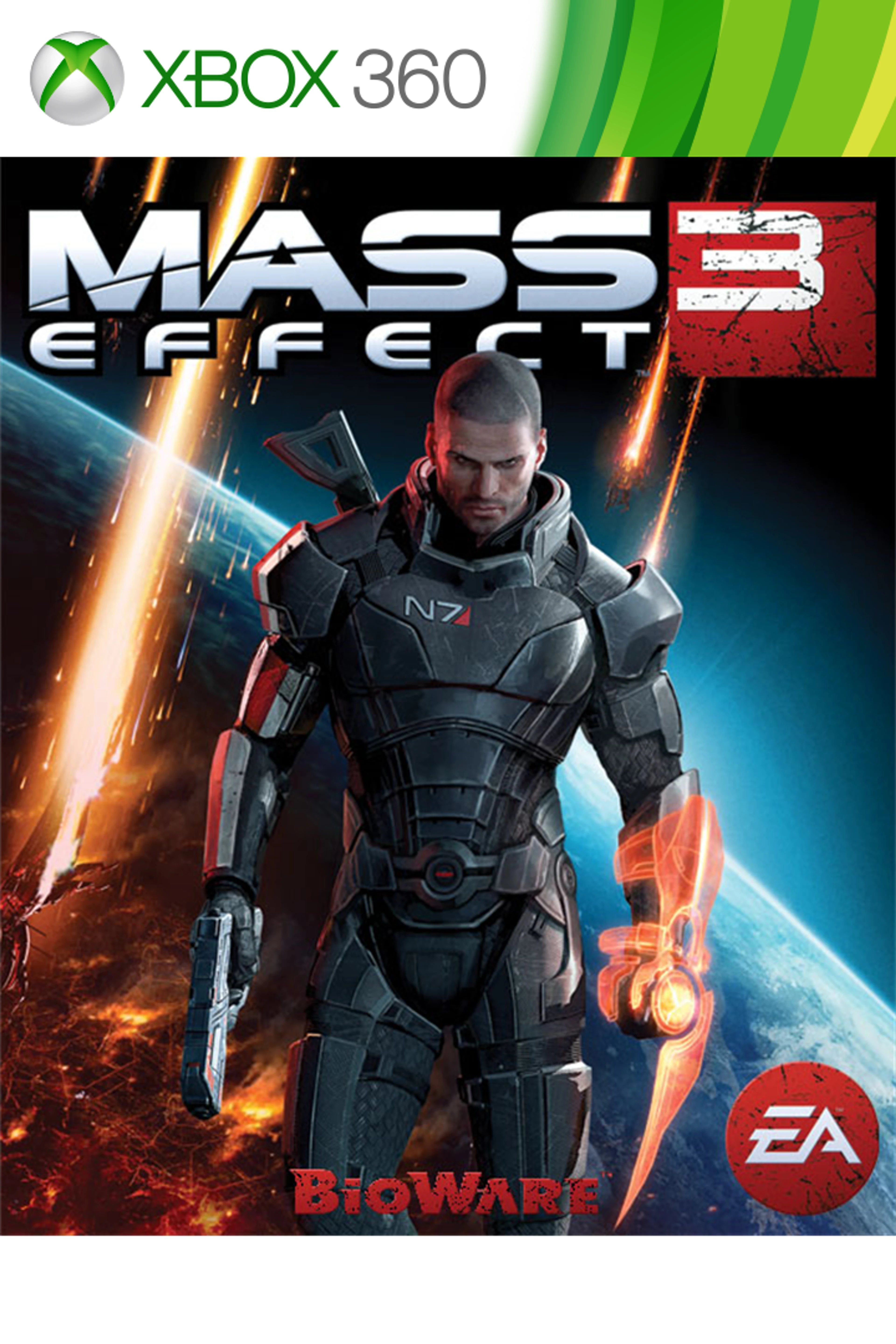 Official Xbox 360 Mass Effect 3 package art with Commander Shepard and the native game logo.