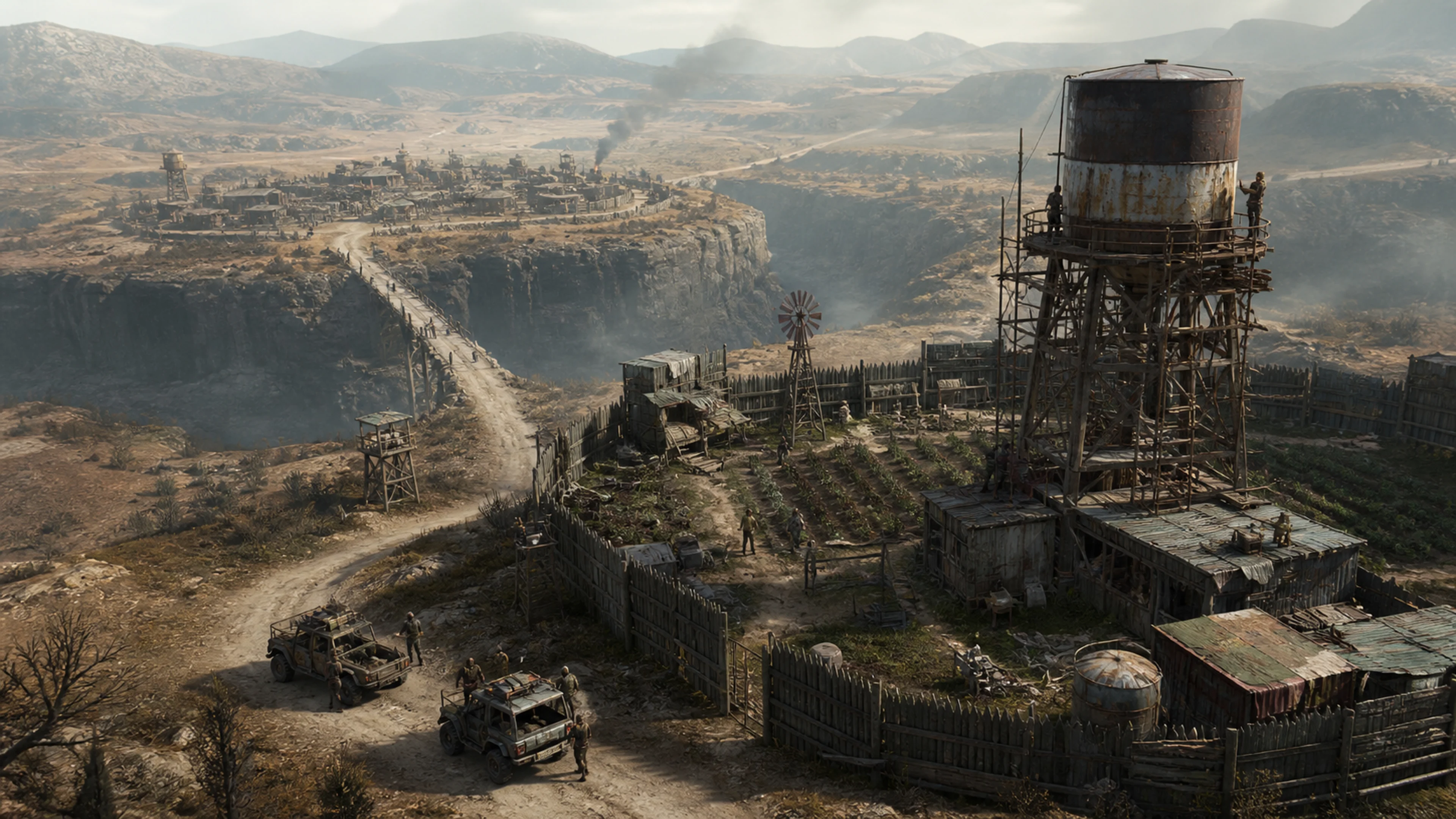A rebuilt settlement, water tower, farms, and a bridge between rival communities appear in an original Pixel Twelve illustration inspired by the reported Afterworld premise.