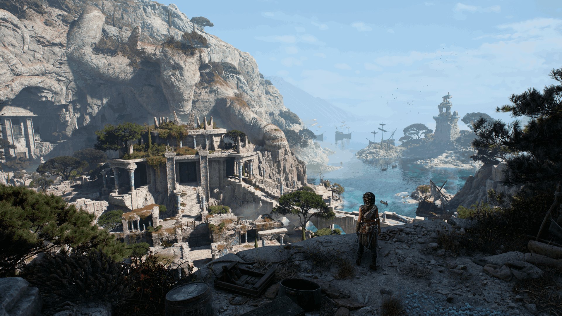 Sophia looks across the ruins and harbor of Minotaur Island in Resonance: A Plague Tale Legacy.