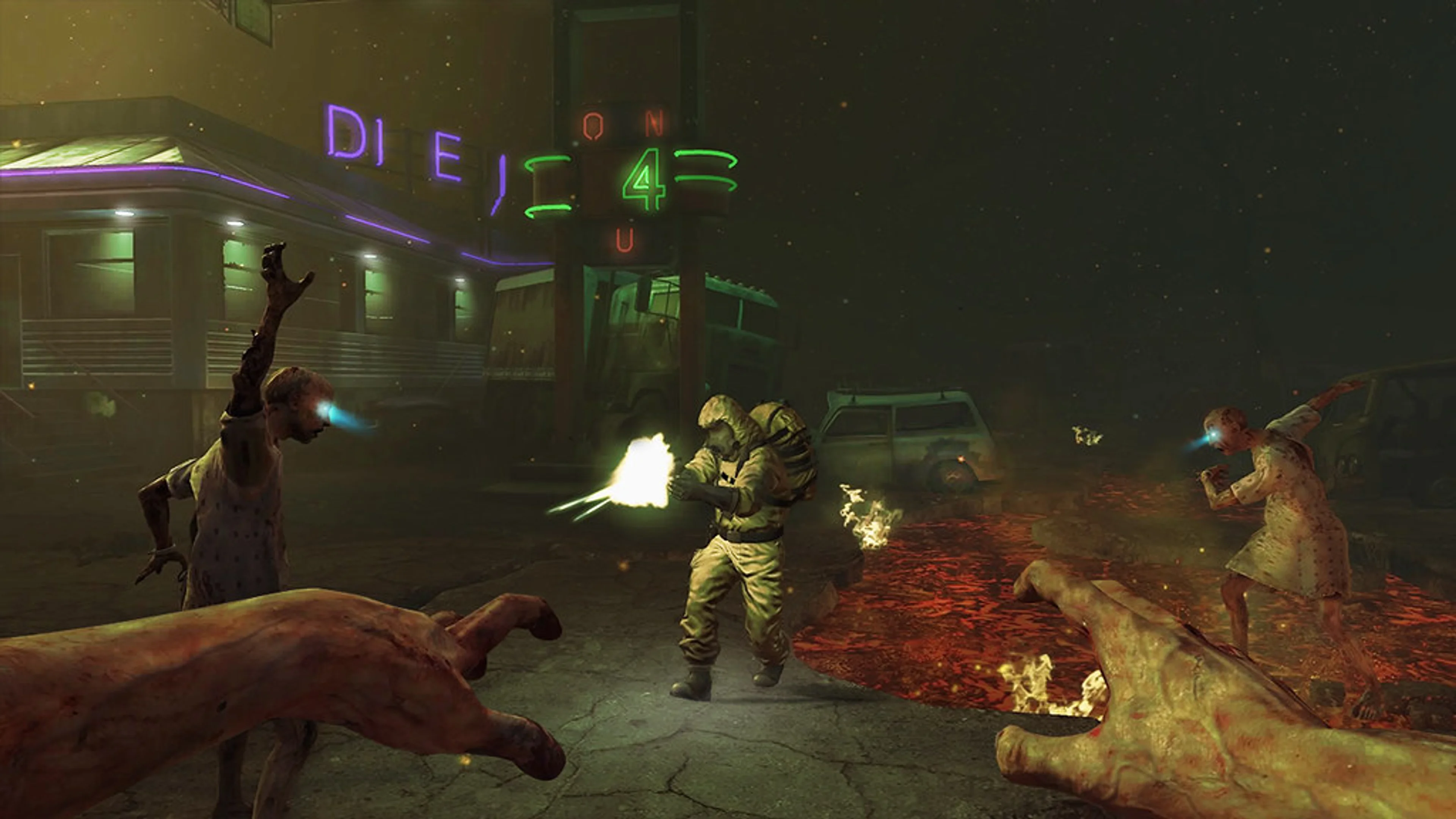 A human survivor fights player-controlled zombies in Black Ops II Turned mode.