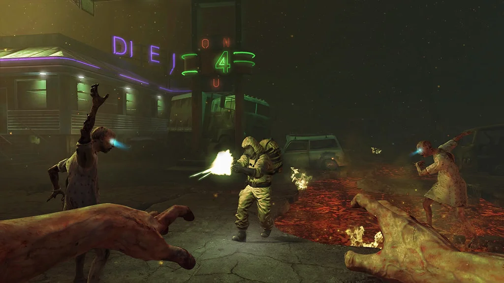 A human survivor fights player-controlled zombies in Black Ops II Turned mode.