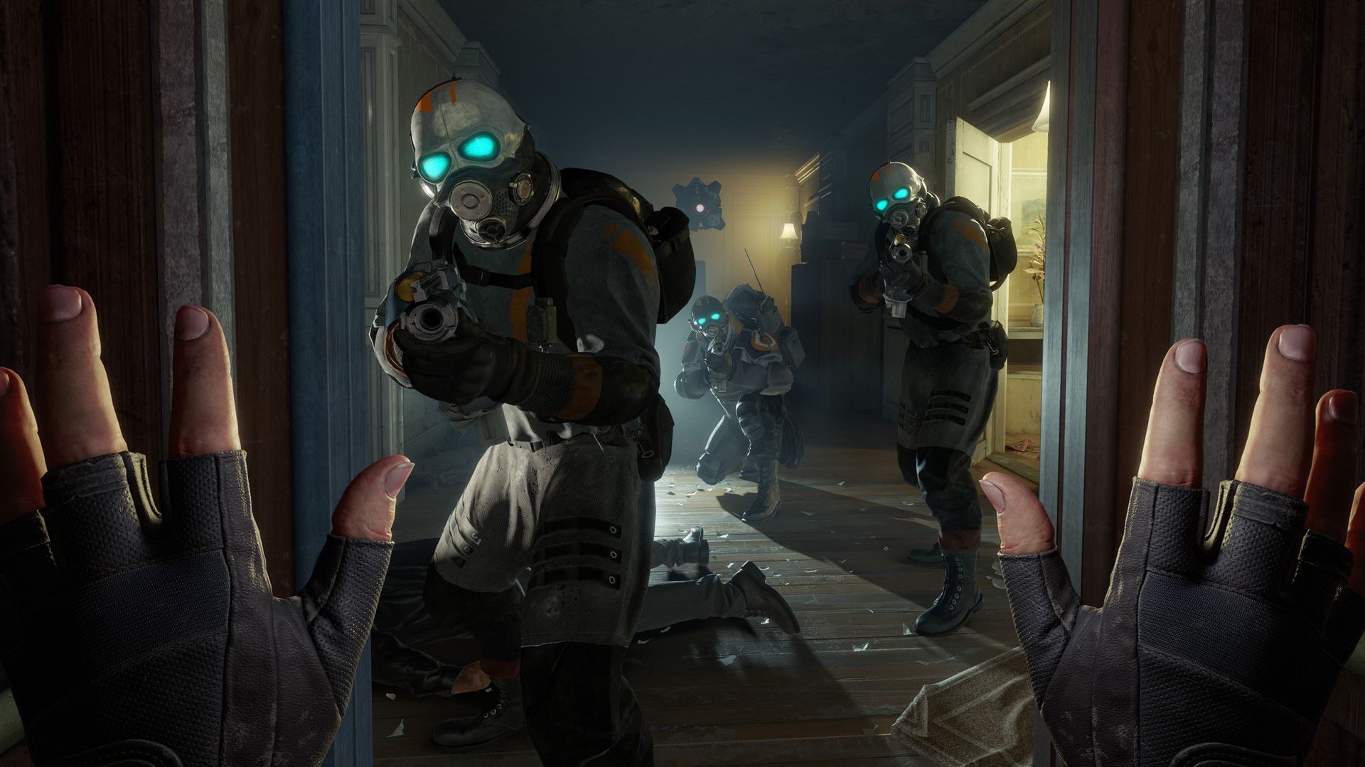 Alyx raises both hands toward three armed Combine soldiers in a corridor.