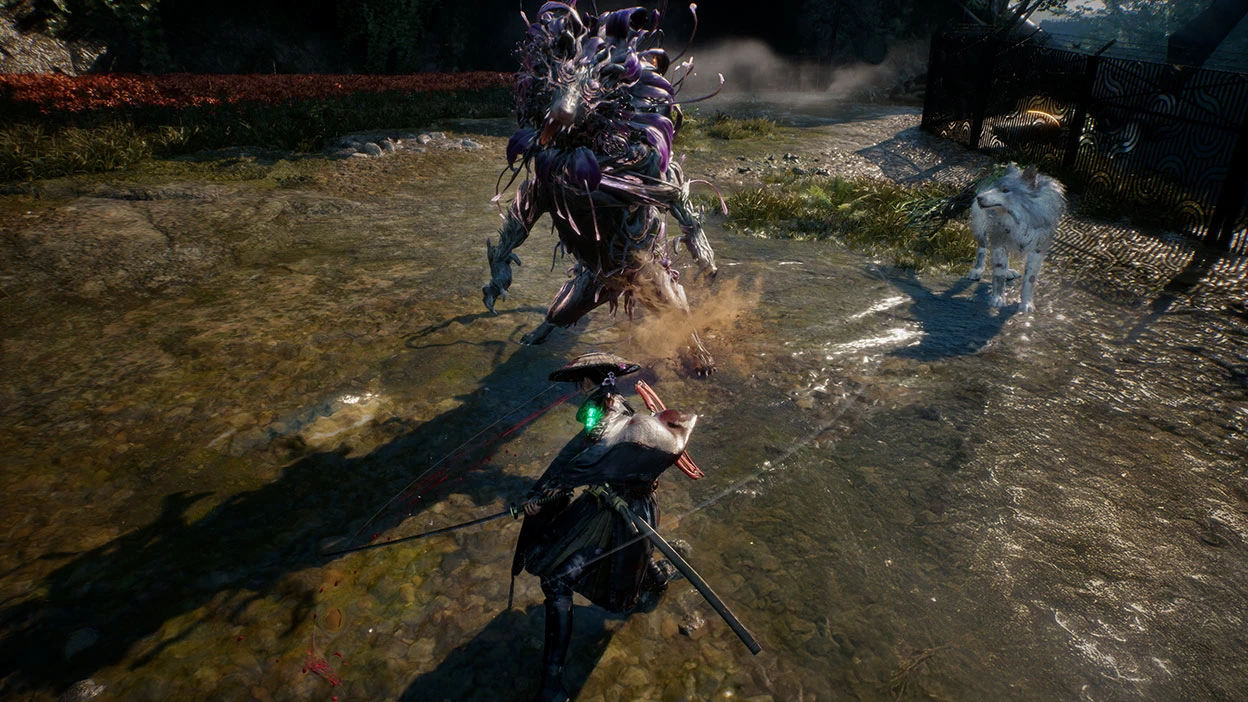 Emma faces a large blighted enemy with Koo standing to its right in Beast of Reincarnation.
