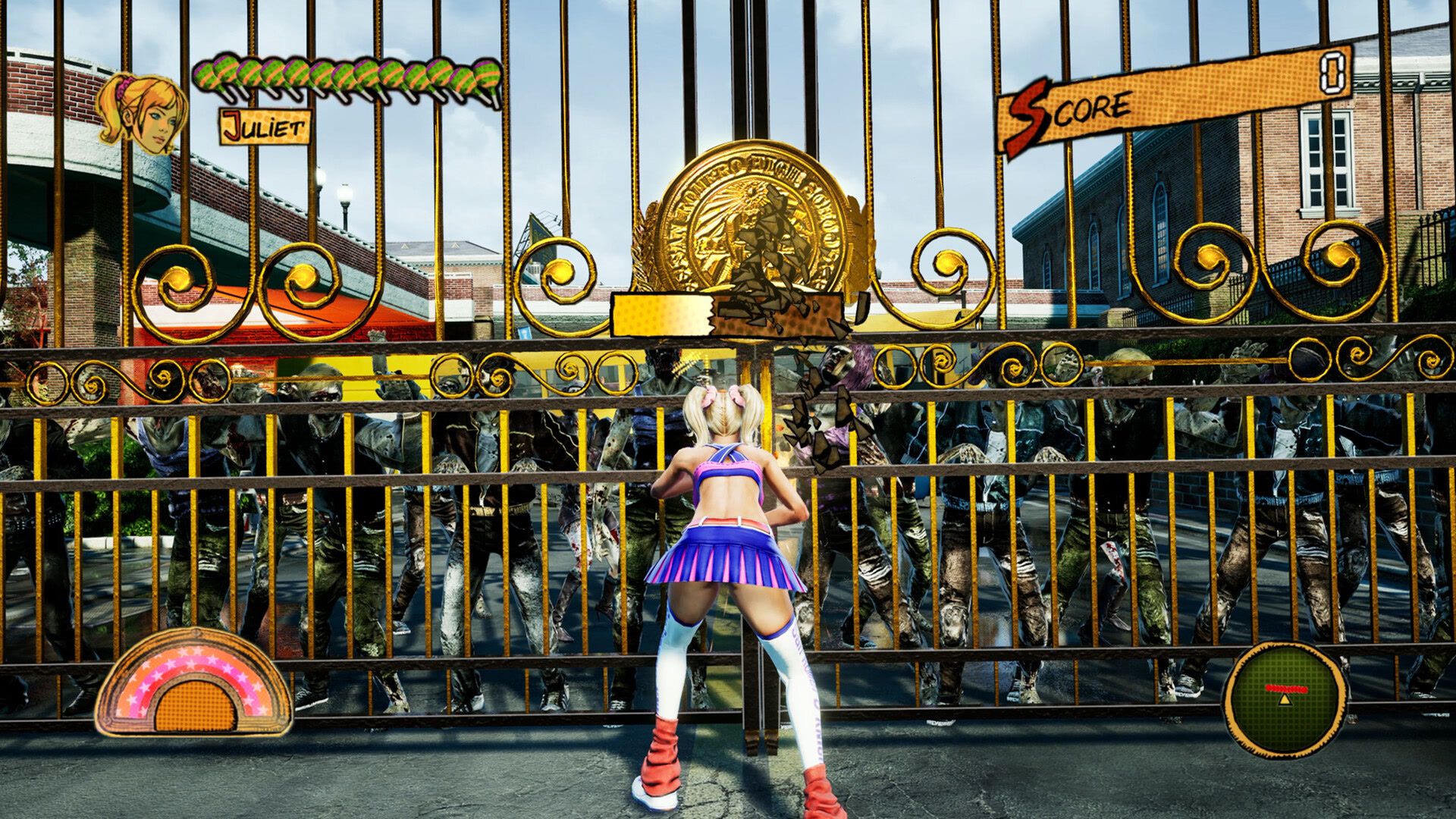 Juliet Starling stands outside San Romero High in Lollipop Chainsaw RePOP.