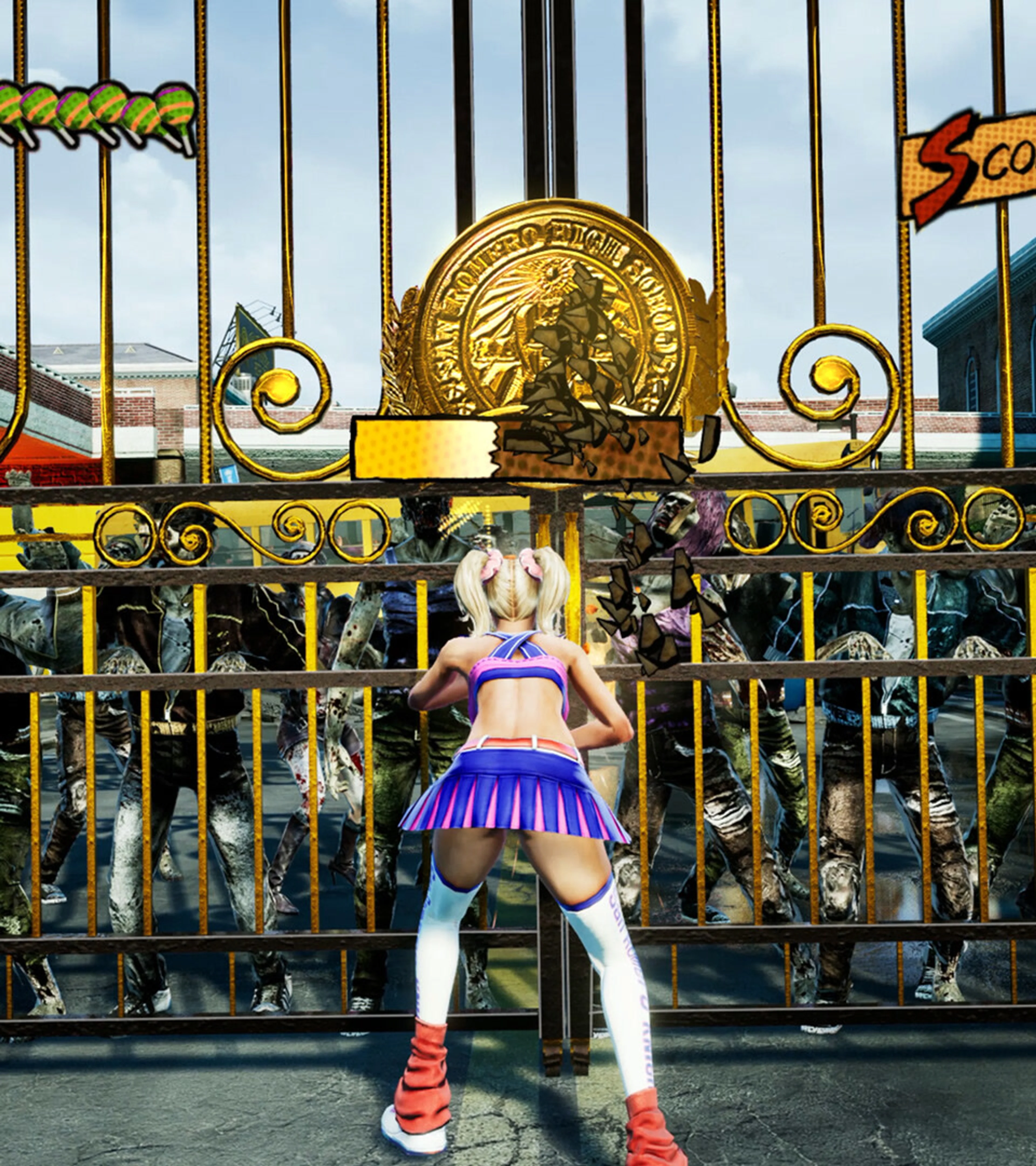 Juliet Starling stands outside San Romero High in Lollipop Chainsaw RePOP.