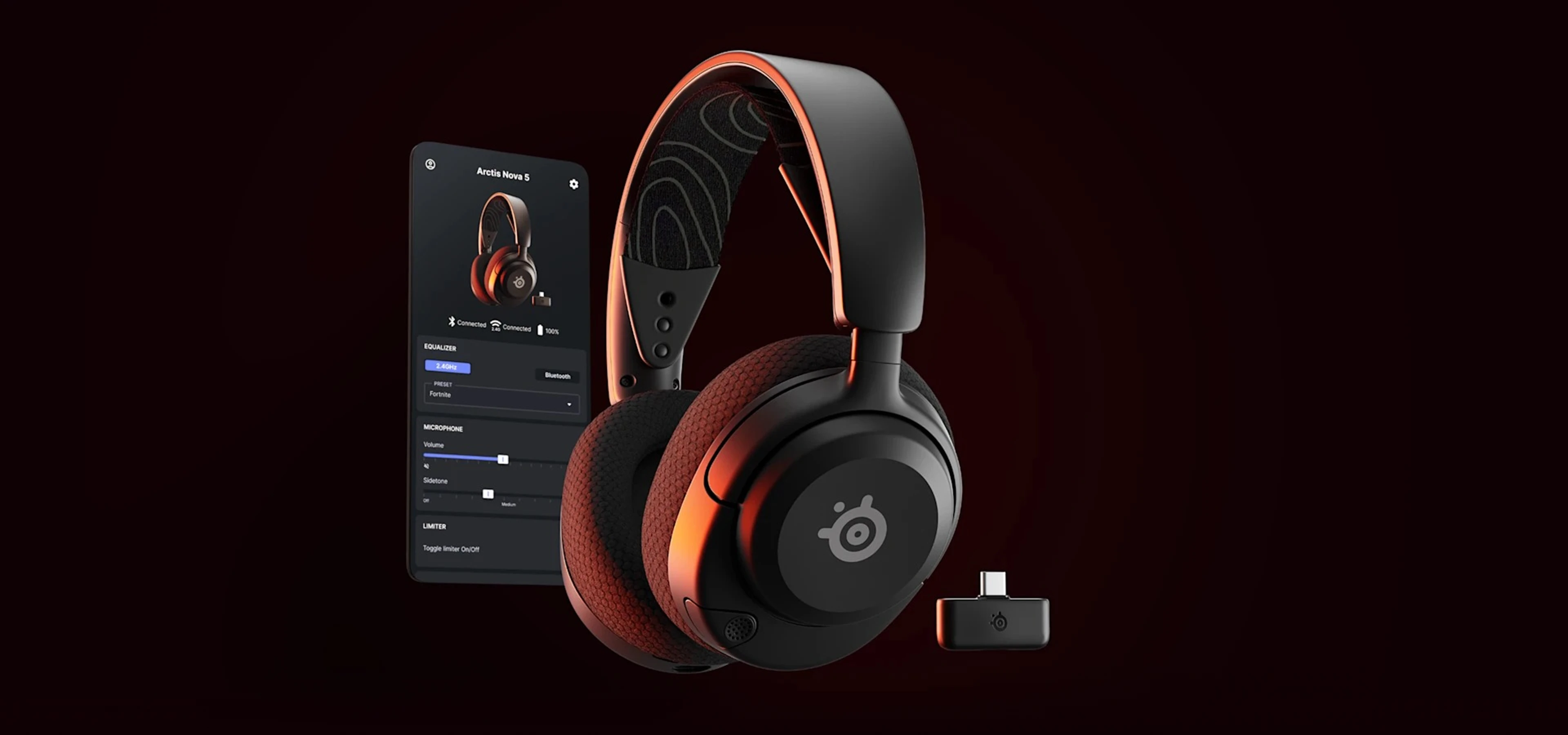 Black Arctis Nova 5 with its receiver and Companion App in warm lighting