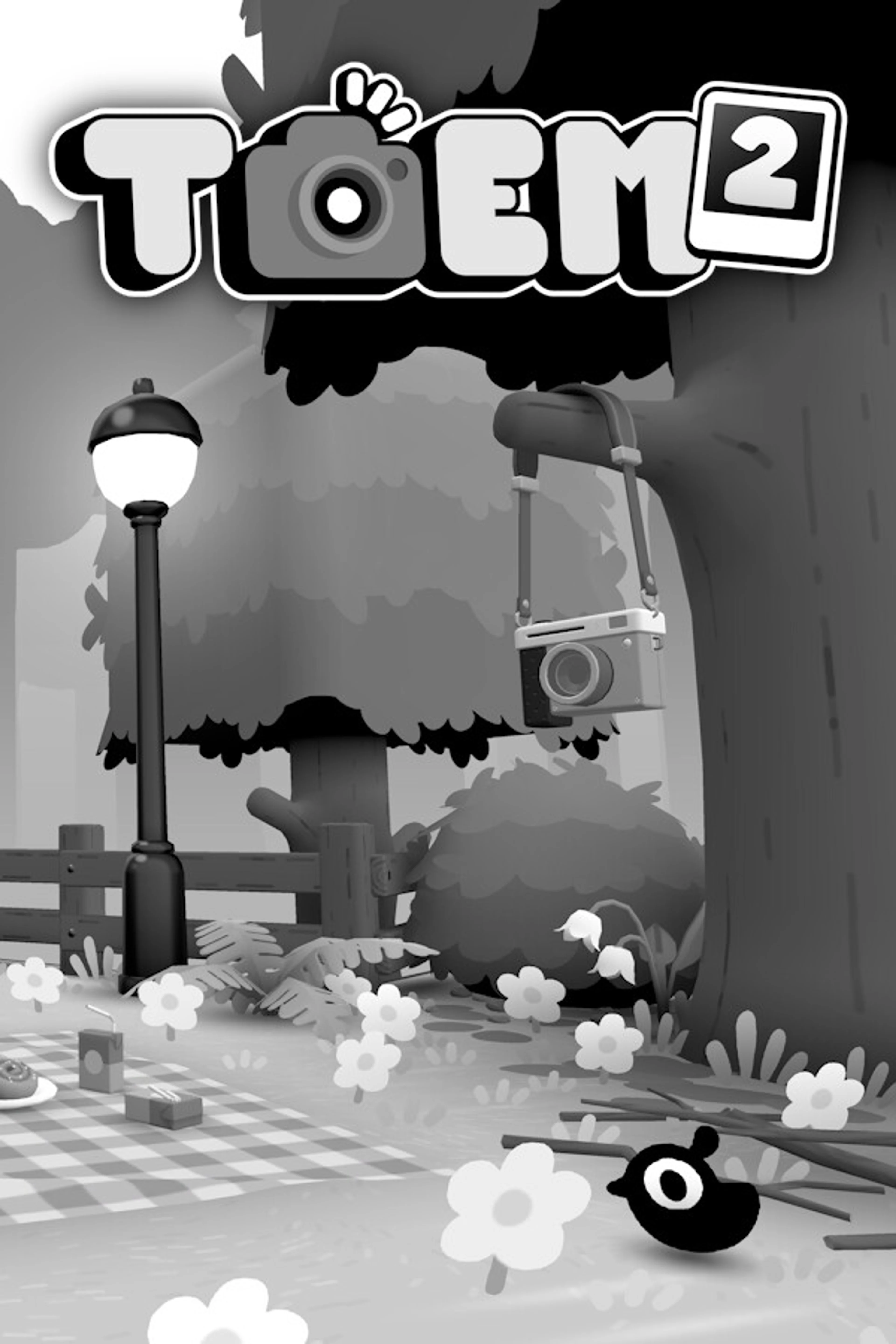 Official vertical TOEM 2 game cover with its camera logo above a black-and-white woodland scene.