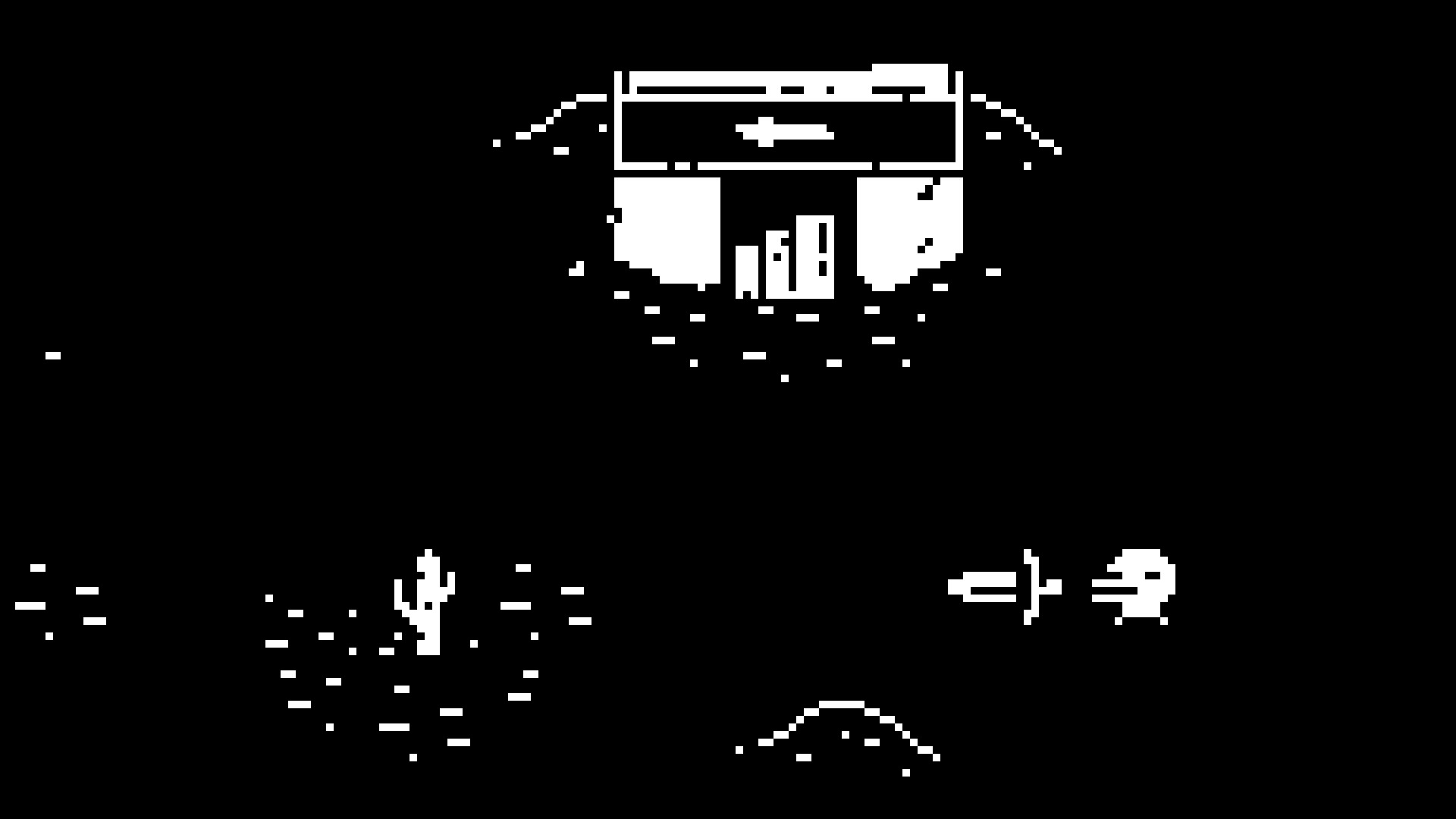 A sword-carrying character crosses open desert beside a cactus and a marked entrance.