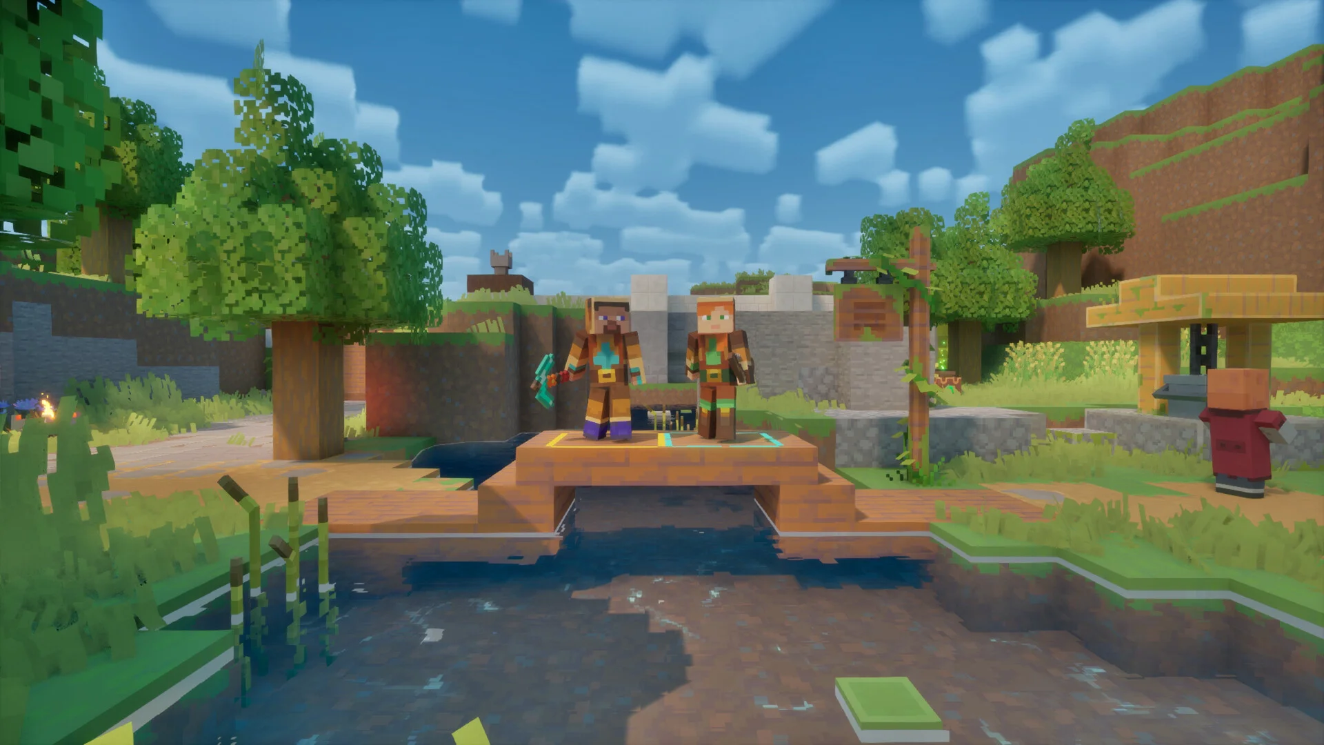 Heroes stand near a village and castle in a Minecraft Dungeons II screenshot.