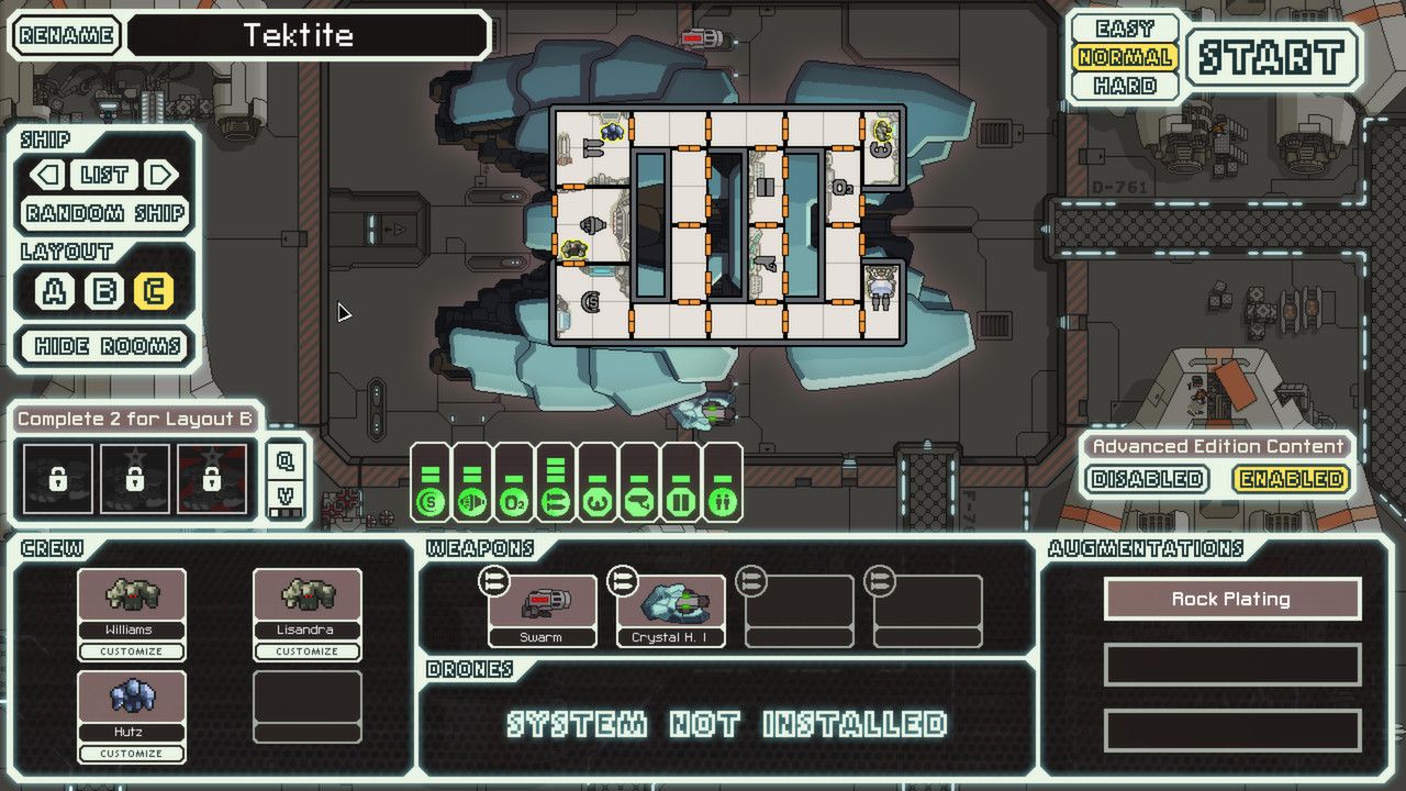 The FTL ship-selection screen shows a vessel layout, crew and an Advanced Edition Content toggle.