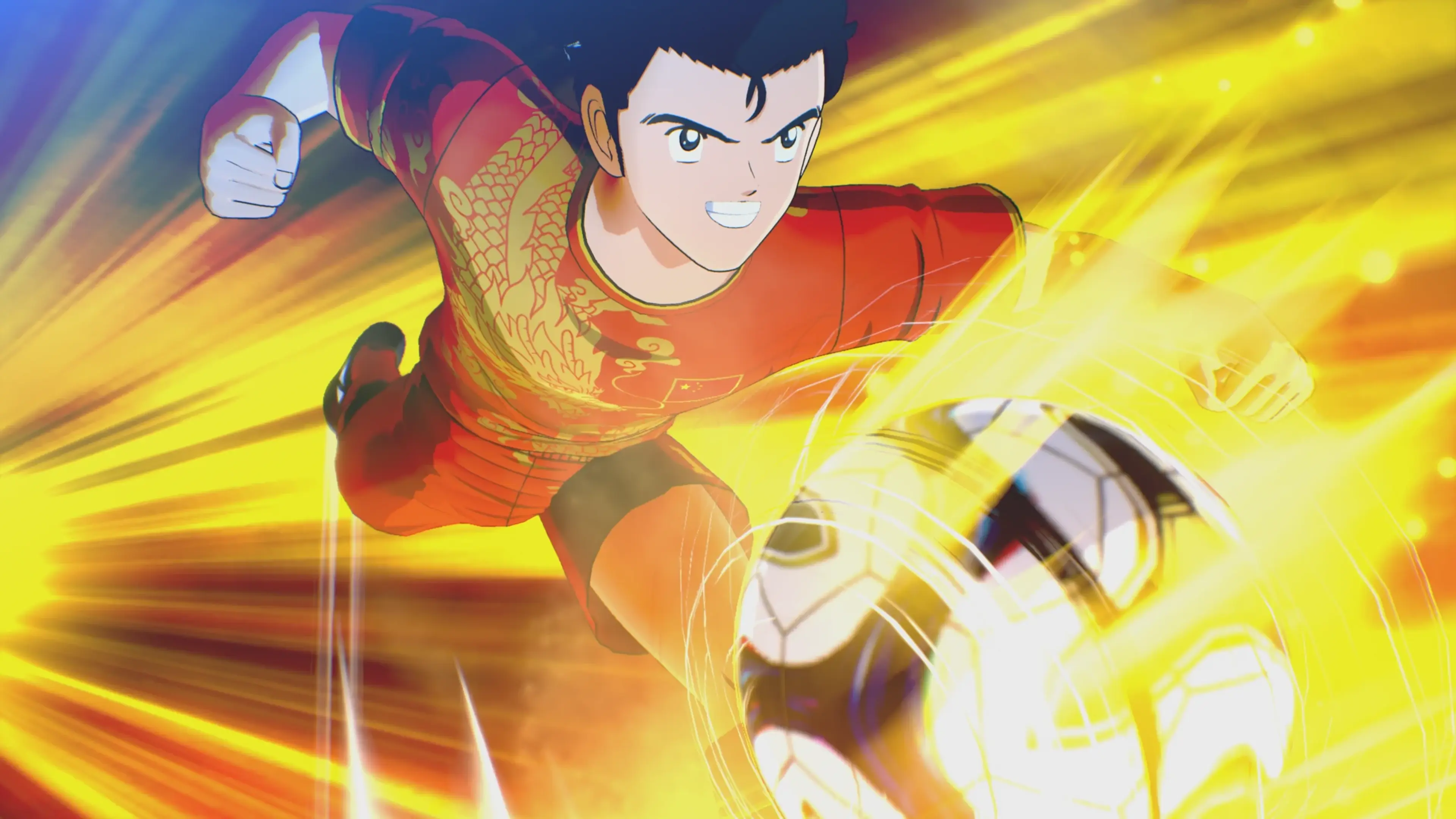 Tsubasa Ozora dribbles the ball while surrounded by a bright yellow energy effect in Captain Tsubasa 2: World Fighters.