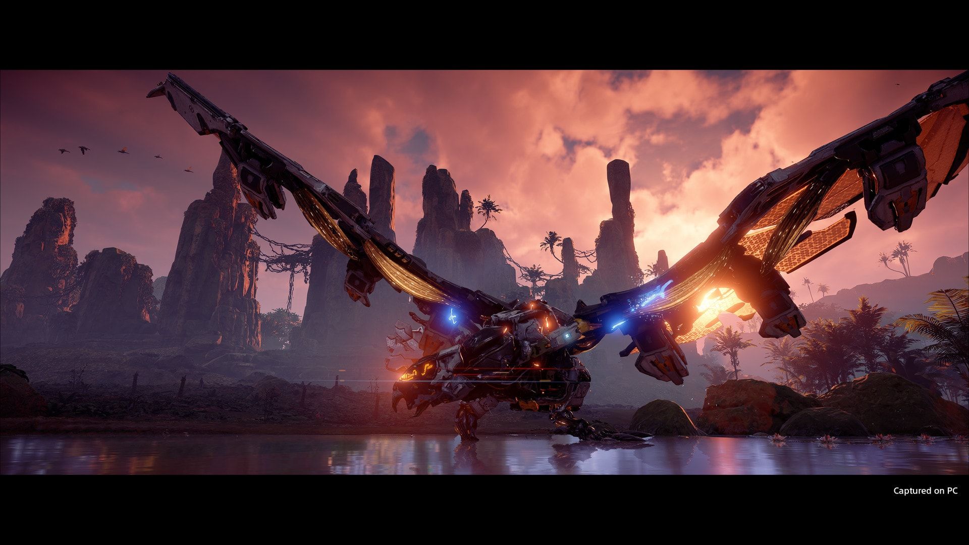 A winged machine sweeps low across a sunlit ruined area.